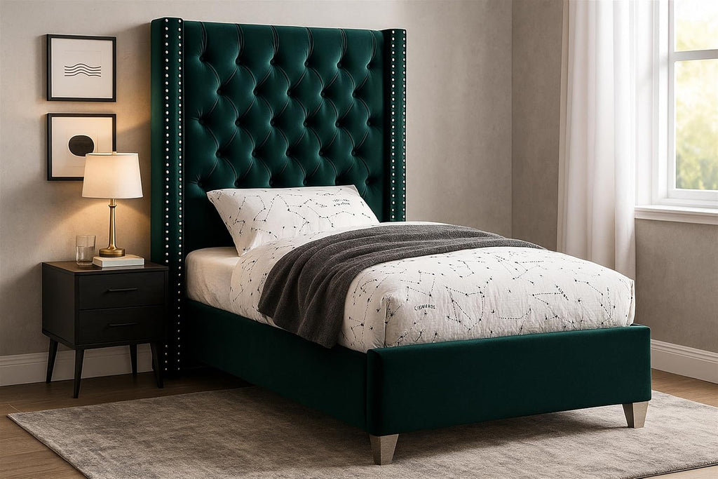 Meridian Furniture Aiden Collection Modern | Contemporary Velvet Upholstered Bed with Deep Button Tufting, Solid Wood Frame, and Custom Chrome Legs, Twin, Green