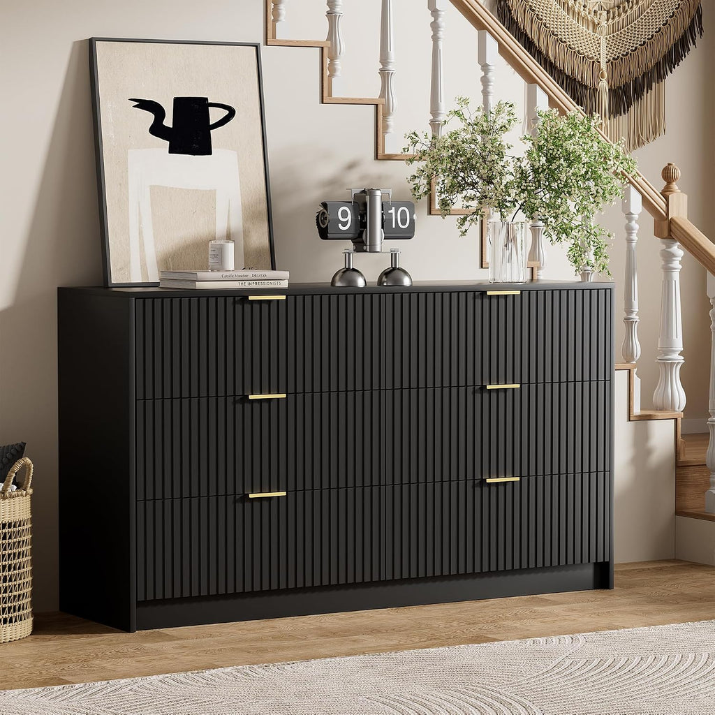 Furniway Black Dresser for Bedroom, Modern Dresser with 6 Drawers and Smooth Slides, Wide Chest of Drawers with Golden Handles for Bedroom, Living Room, Closet, 15.7' D x 55.1' W x 31.4' H