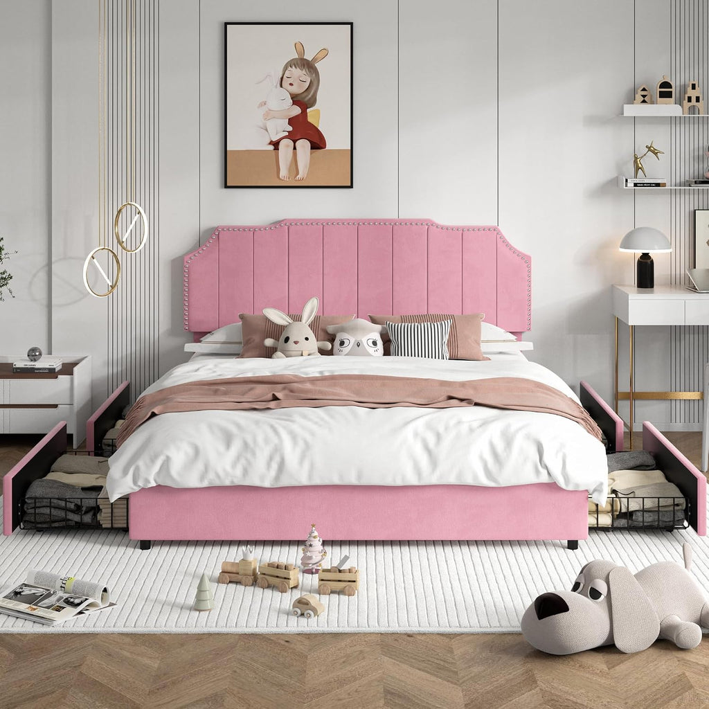 VECELO Queen Bed Frame with 4 Storage Drawers & Upholstered Platform &Tufted Adjustable Headboard/Mattress Foundation/Wood Slat Support,Easy Assembly,Pink