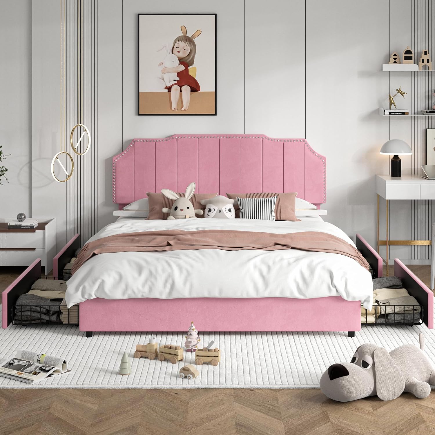 VECELO Queen Bed Frame with 4 Storage Drawers & Upholstered Platform &Tufted Adjustable Headboard/Mattress Foundation/Wood Slat Support,Easy Assembly,Pink