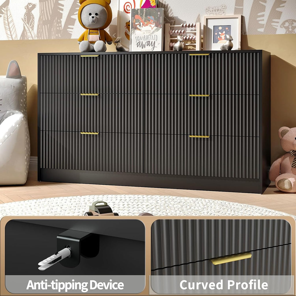 Black Dresser and Nightstand Sets, 6 Drawer Dresser Set for Bedroom 3 Piece, 55' Wide Fluted Wood Dressers W/Metal Handle & Night Stand Set of 2, Modern Bedroom Furniture Sets, Black
