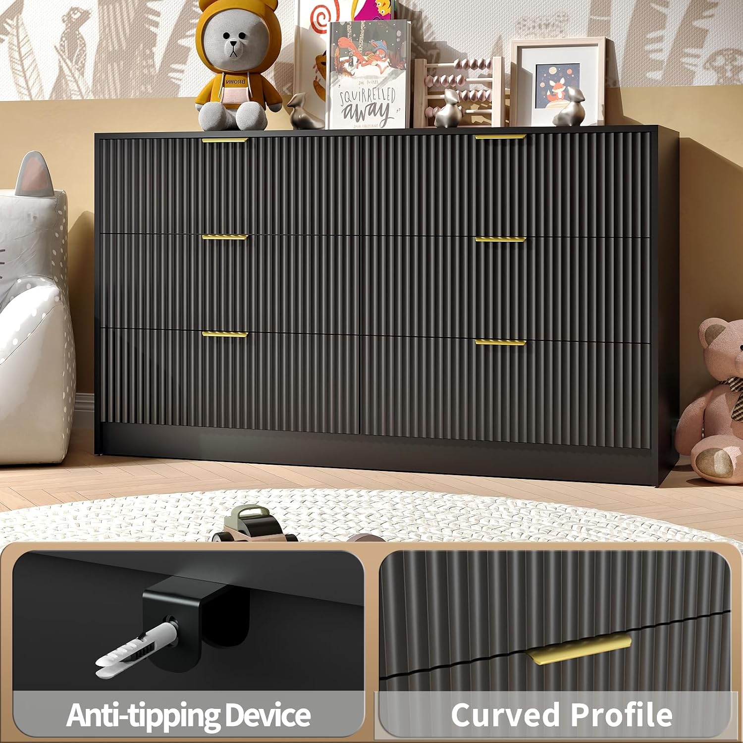 Black Dresser and Nightstand Sets, 6 Drawer Dresser Set for Bedroom 3 Piece, 55' Wide Fluted Wood Dressers W/Metal Handle & Night Stand Set of 2, Modern Bedroom Furniture Sets, Black