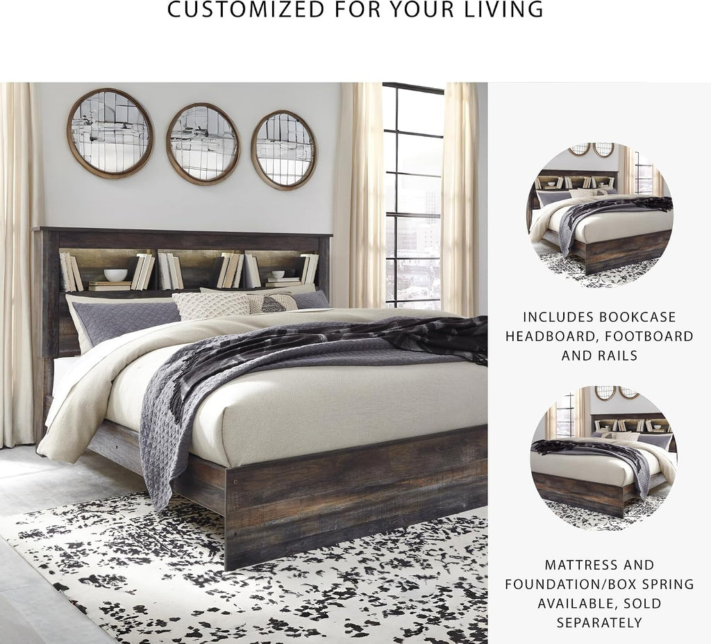Signature Design by Ashley Drystan Rustic King Bookcase Bed with Open Cubbies and LED Lights, Foundation or Box Spring Needed, Dark Brown & Gray