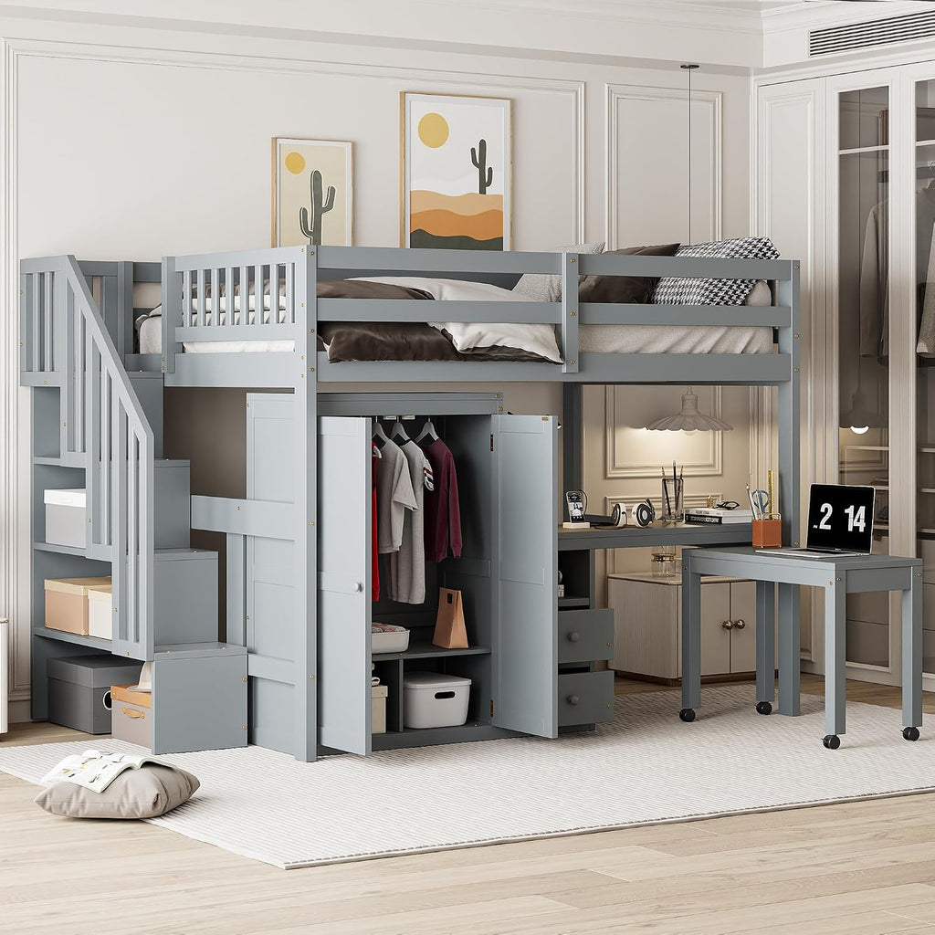 Merax Full Multifunction Loft Bed with Desk, Wardrobe, Drawers, Wood Loft Bed with Staircase & Full Length Gardrails for Boys, Girls, No Box Spring Needed Gray