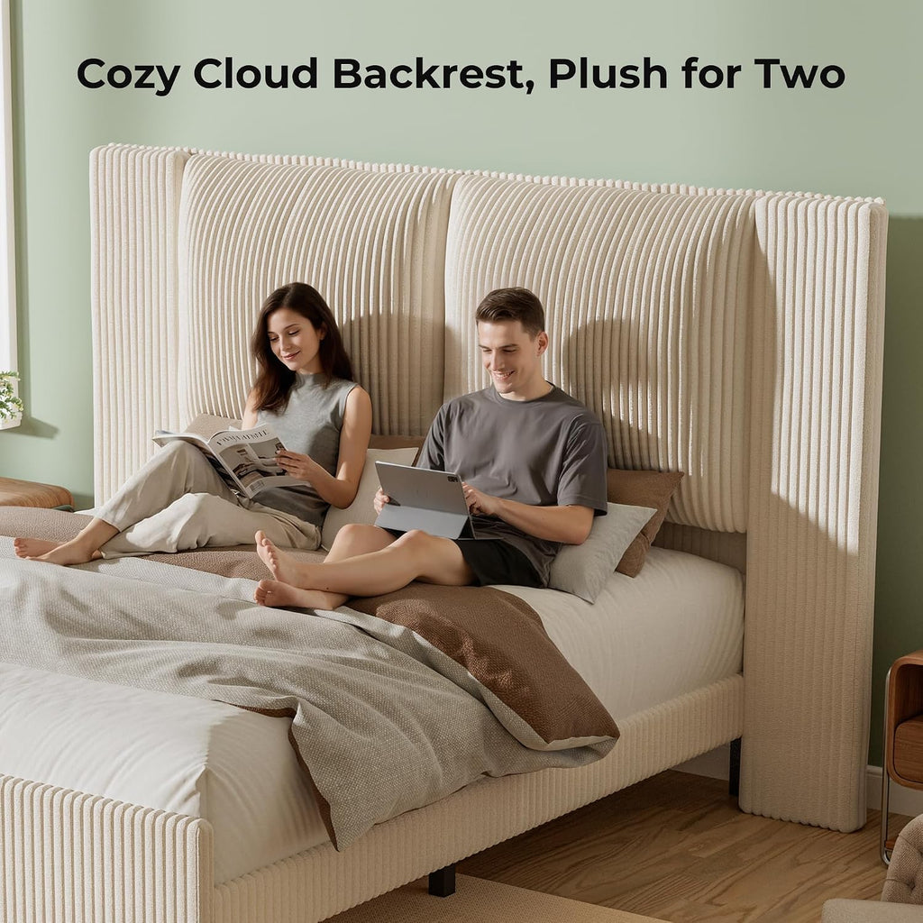Full Upholstered Bed Frame with 51' Tall Headboard & Widened Corduroy Cushion,Modern Wingback Cloud BedFrame Platform, Easy Assembly, No Box Spring Needed, Cream