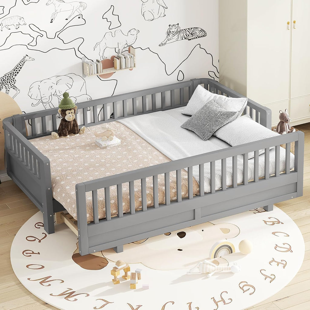 Bellemave Queen Floor Bed or Twin XL Montessori Floor beds for Kids, Twin XL Can Be Converted into a Queen Platform Bed, Gray