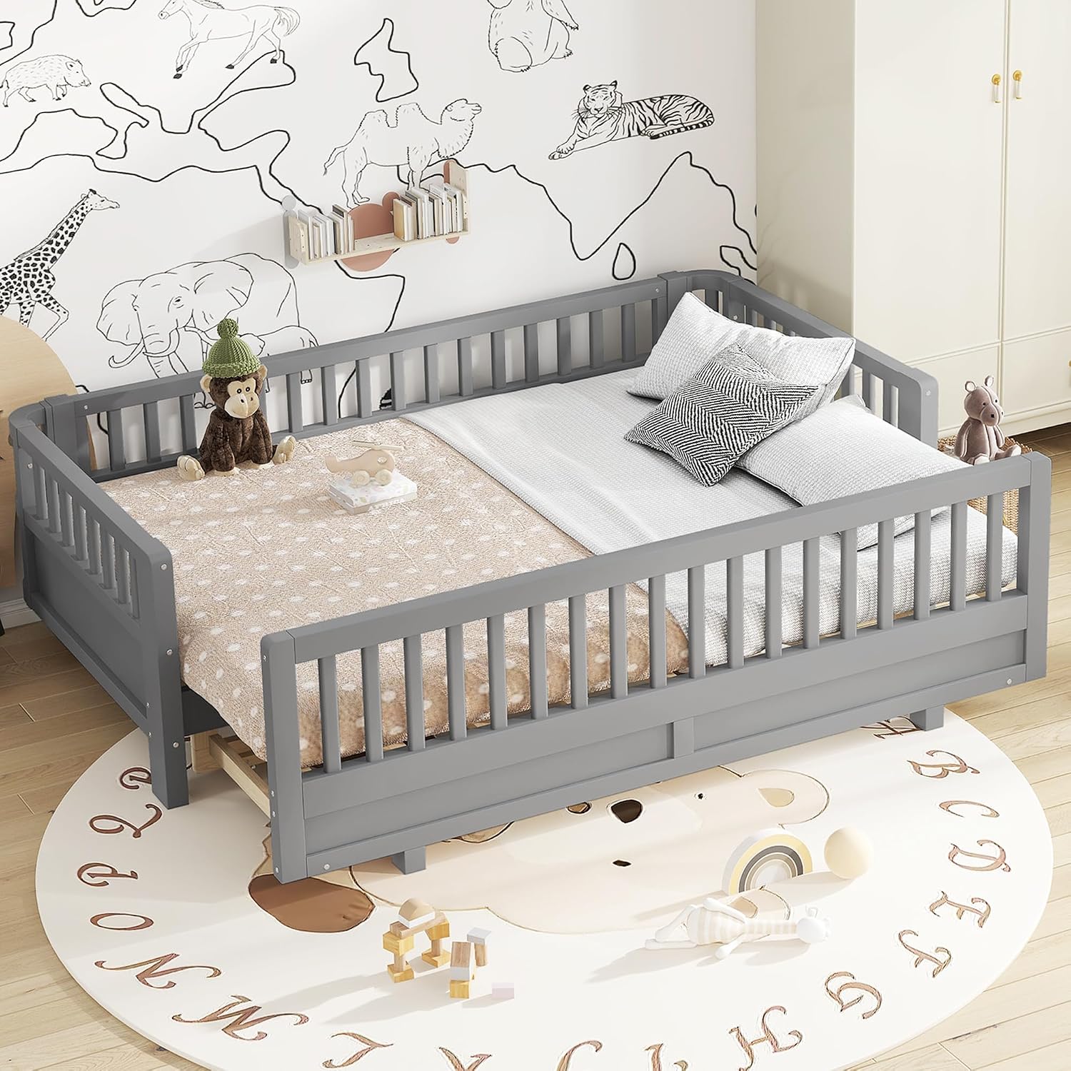 Bellemave Queen Floor Bed or Twin XL Montessori Floor beds for Kids, Twin XL Can Be Converted into a Queen Platform Bed, Gray