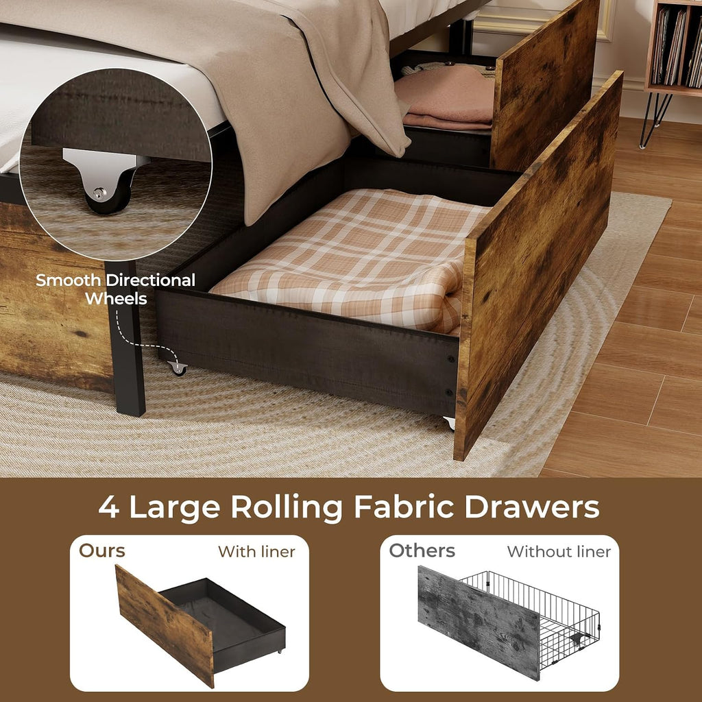 Giantex Twin Bed Frames for Kids, Twin Bed Frame with LED Lights Headboard and 4 Storage Drawers, Metal Platform Bed with Charging Station, Easy Assembly, No Box Spring Needed, Smart LED Bed Frame