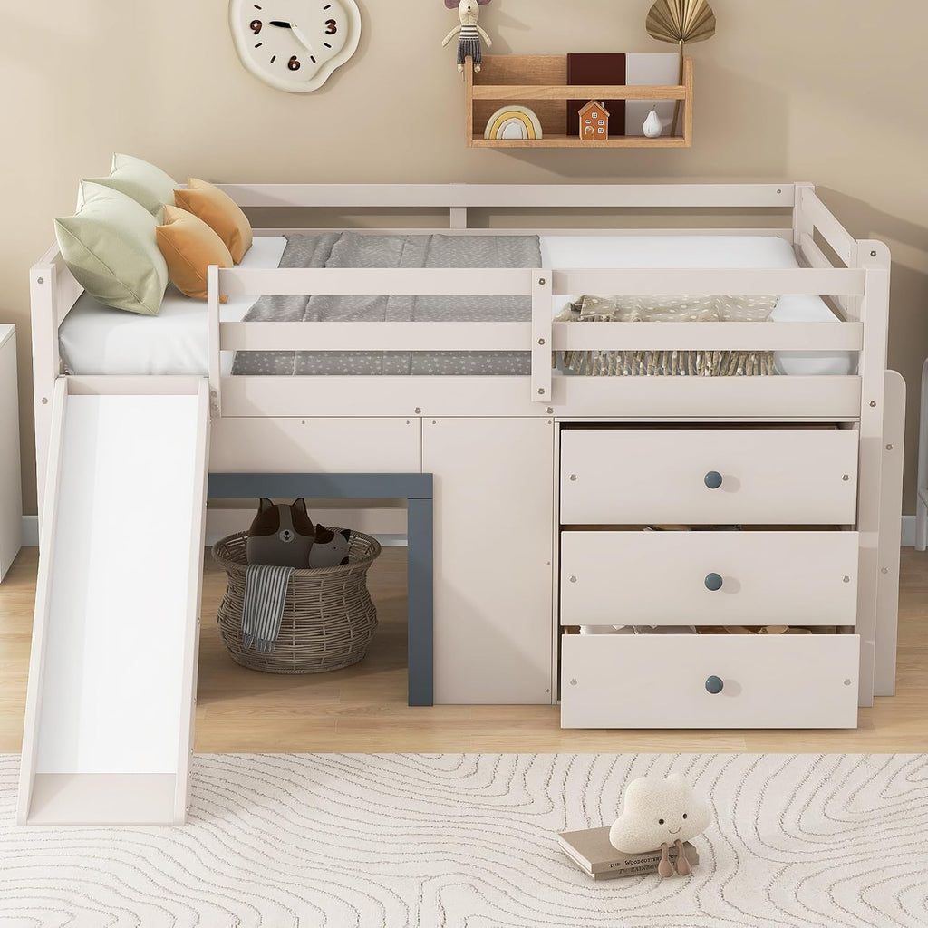 Harper & Bright Designs Low Loft Bed Full Size with Slide and Drawers for Saving Spcae, Wood Loft Bed Frame with Storage, Beige+Grey