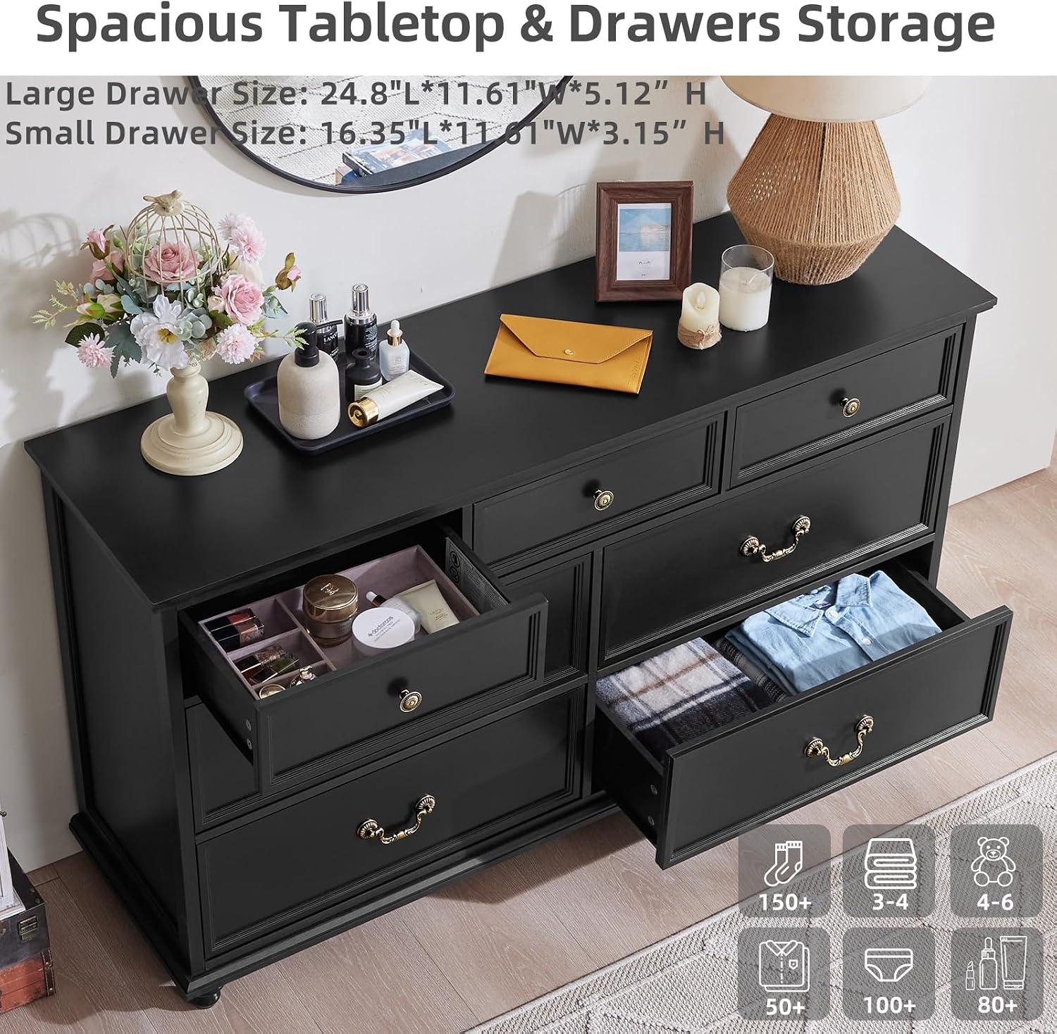 Joaxswe Bedroom Dresser Sets, 54' Wide 7 Drawers Dresser and 45' Tall 5 Drawers Dresser, Wooden 2 Piece Bedroom Furniture Set, Chest of Drawer for Bedroom, Home, Living Room, Hallway, Black