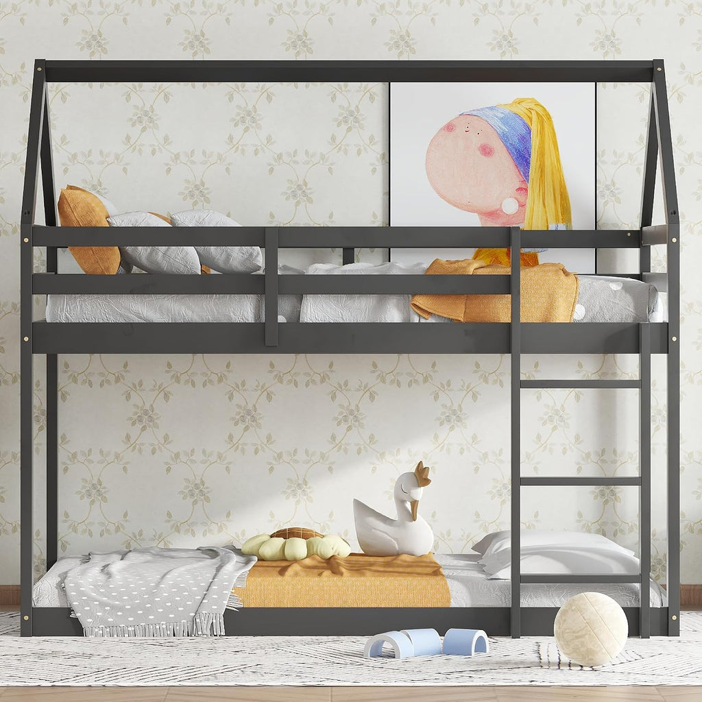 Bellemave Twin Over Twin Bunk Bed, Wooden House Bunk Bed with Ladder and Guardrail for Bedroom, Dormitory, Floor Bunk Beds with Headboard and Footboard for Kids, Teens, No Box Spring Needed, Black
