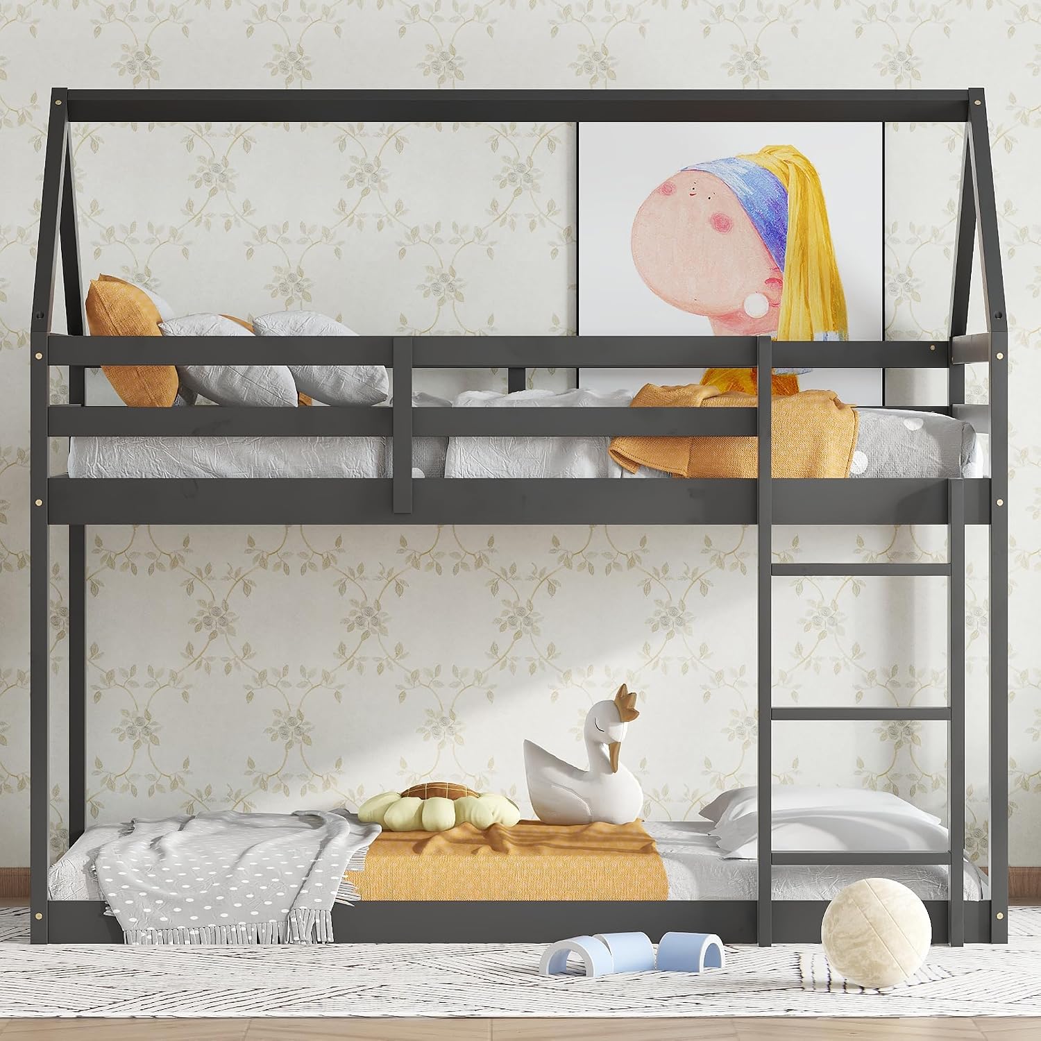 Bellemave Twin Over Twin Bunk Bed, Wooden House Bunk Bed with Ladder and Guardrail for Bedroom, Dormitory, Floor Bunk Beds with Headboard and Footboard for Kids, Teens, No Box Spring Needed, Black