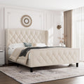GarveeHome Full Size Bed Frame, Velvet Upholstered Full Size Platform Bed with Wingback Headboard, Wooden Slat Support, No Box Spring Needed, Easy Assembly, Beige