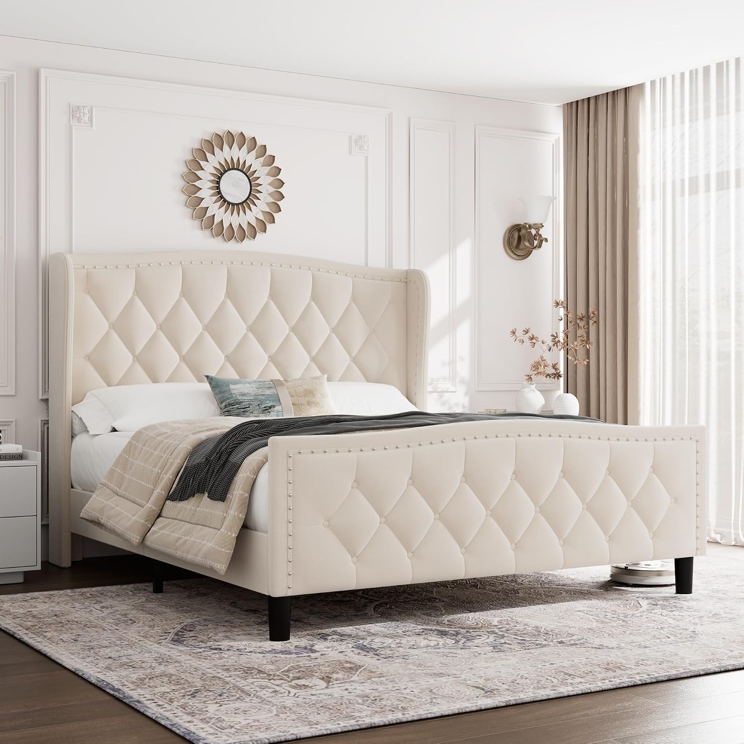 GarveeHome Full Size Bed Frame, Velvet Upholstered Full Size Platform Bed with Wingback Headboard, Wooden Slat Support, No Box Spring Needed, Easy Assembly, Beige