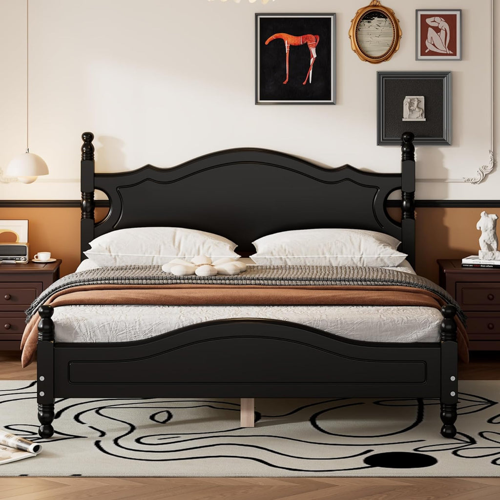 Flieks Queen Size Wood Platform Bed Frame for Boys Girls Kids Toddler,Retro Style Platform Bed with Wooden Slat Support,Black