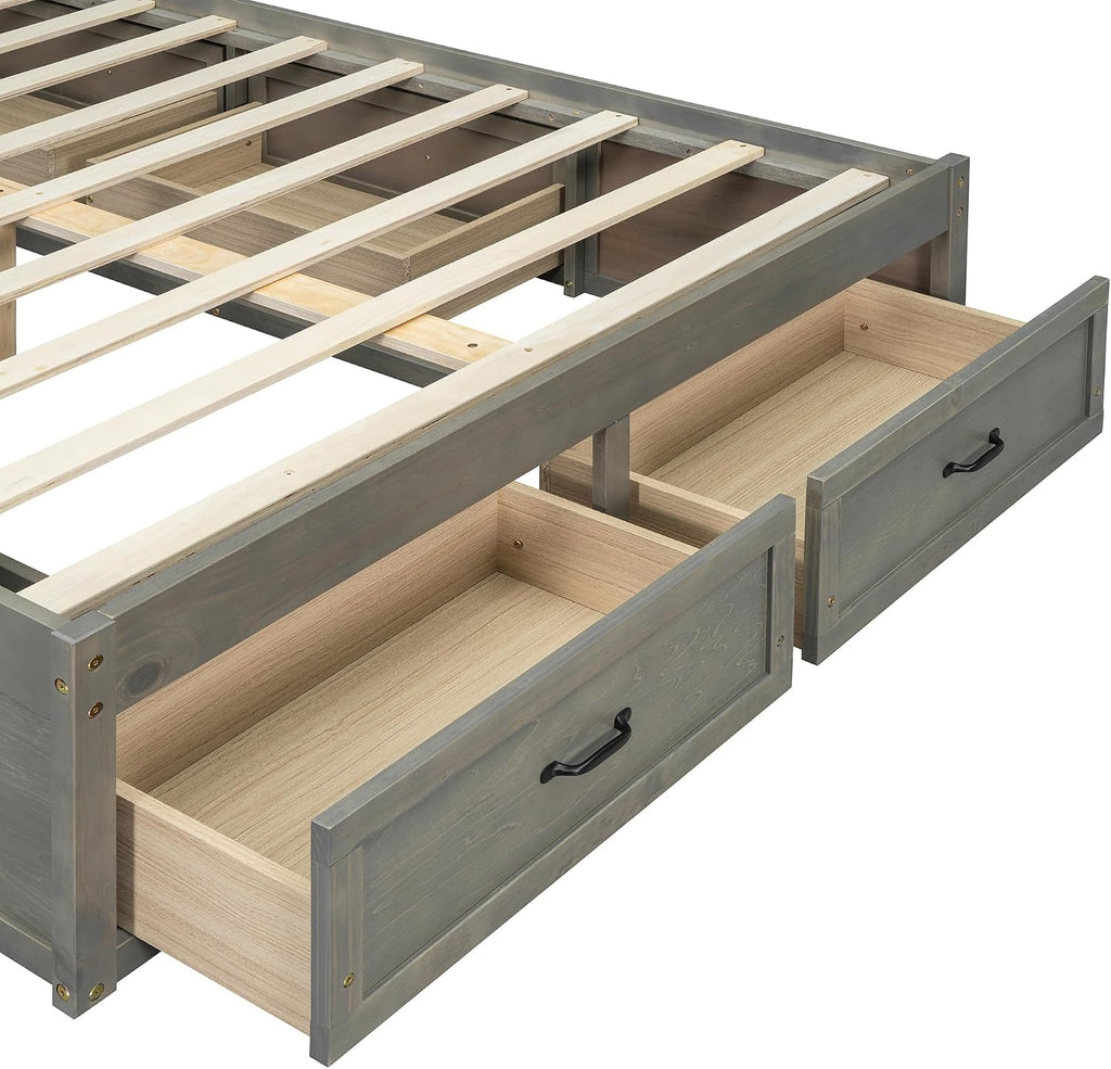 SOFTSEA Full Size Bed Frame with 6 Storage Drawers, Wood Platform Bed Frame No Headboard with Support Slats, Farmhosue Platform Bed with Drawers, No Box Spring Needed, Easy Assembly, Antique Gray