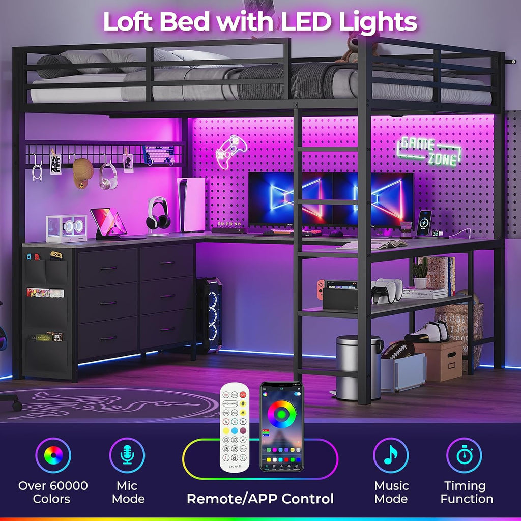ADORNEVE Loft Bed Full Size with U-Shaped Desk, 6 Storage Drawers, Power Outlet, LED Metal Loft Bed with 2 Storage Shelves, Bed with Safety Guardrail & Ladders, No Box Spring Needed, Grey
