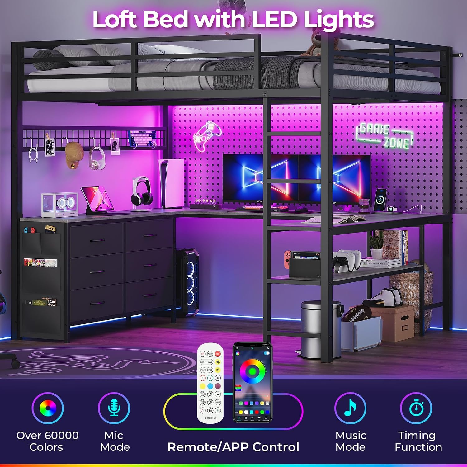 ADORNEVE Loft Bed Full Size with U-Shaped Desk, 6 Storage Drawers, Power Outlet, LED Metal Loft Bed with 2 Storage Shelves, Bed with Safety Guardrail & Ladders, No Box Spring Needed, Grey