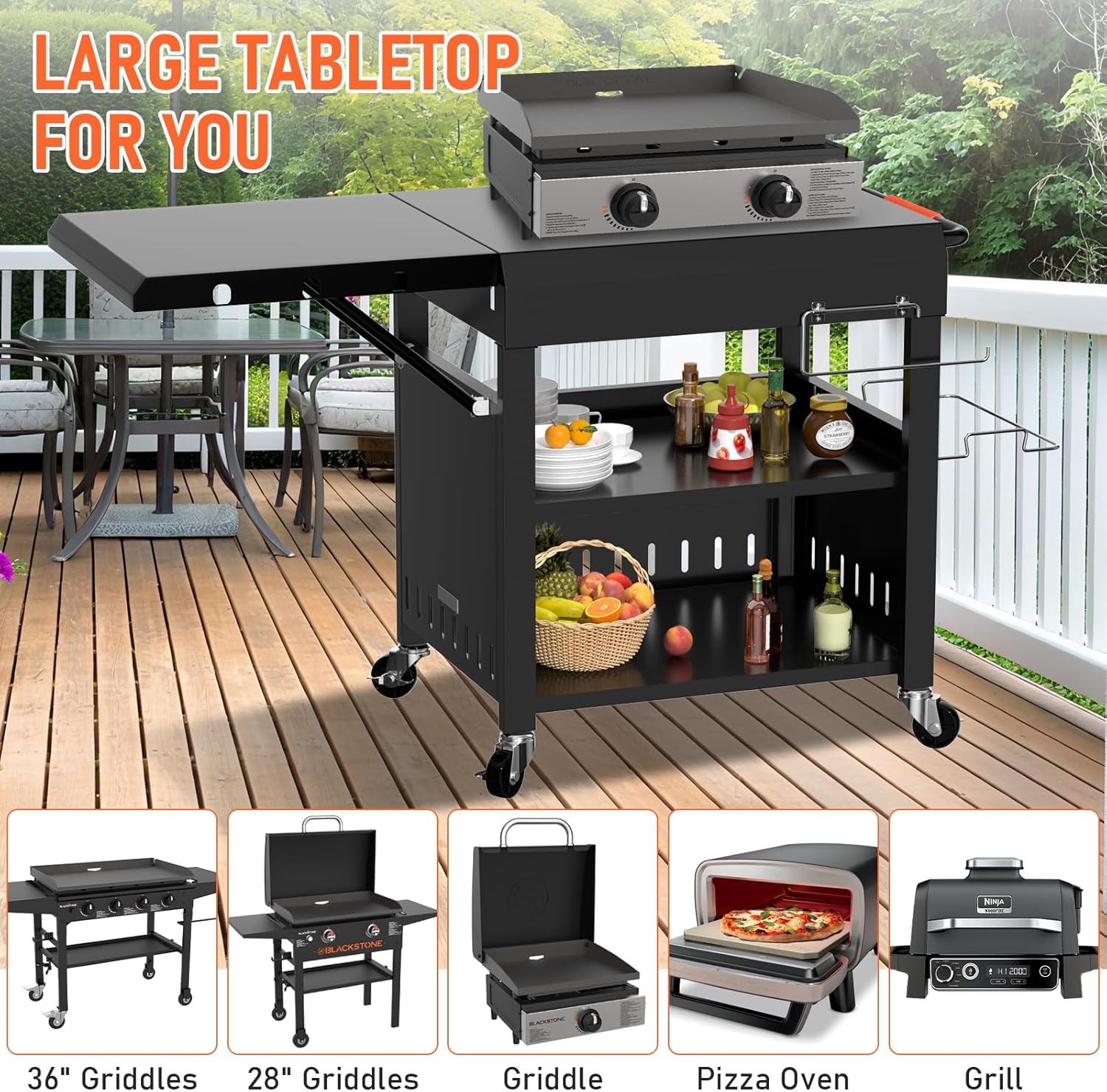 Outdoor Grill Table Cart for Blackstone 28'/36' Omnivore Griddle, 50' x 22' Large Outdoor Kitchen Island with Foldable Side Table for Blackstone 17'/22' Griddle, Home BBQ, Tailgates, Cookouts
