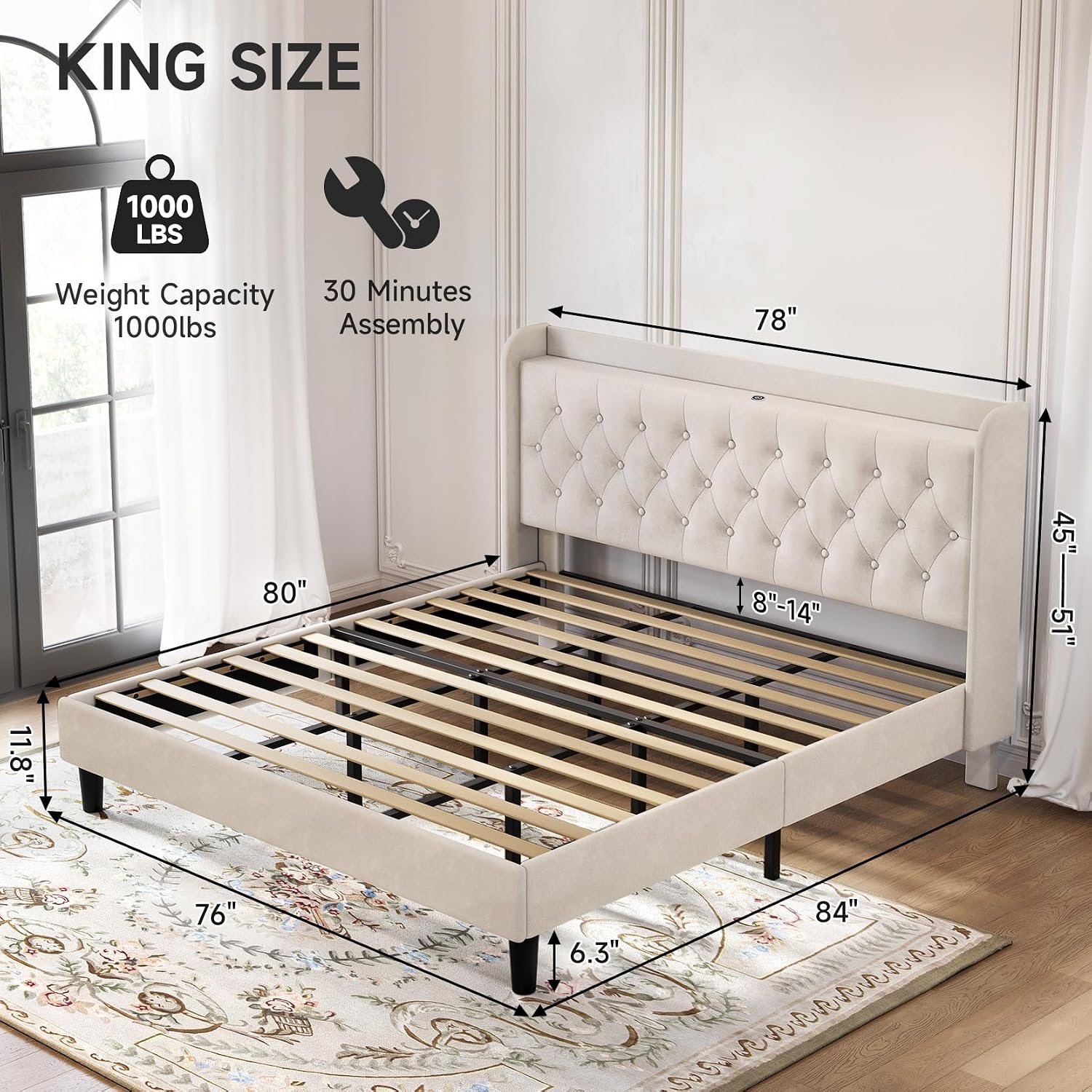 koorlian King Velvet Bed Frame, Adjustable Upholstered Platform Bed Frame with Type-C&USB Ports, Wingback Storage Headboard, Solid Wood Slats Support, No Box Spring Needed, Noise-Free, Beige