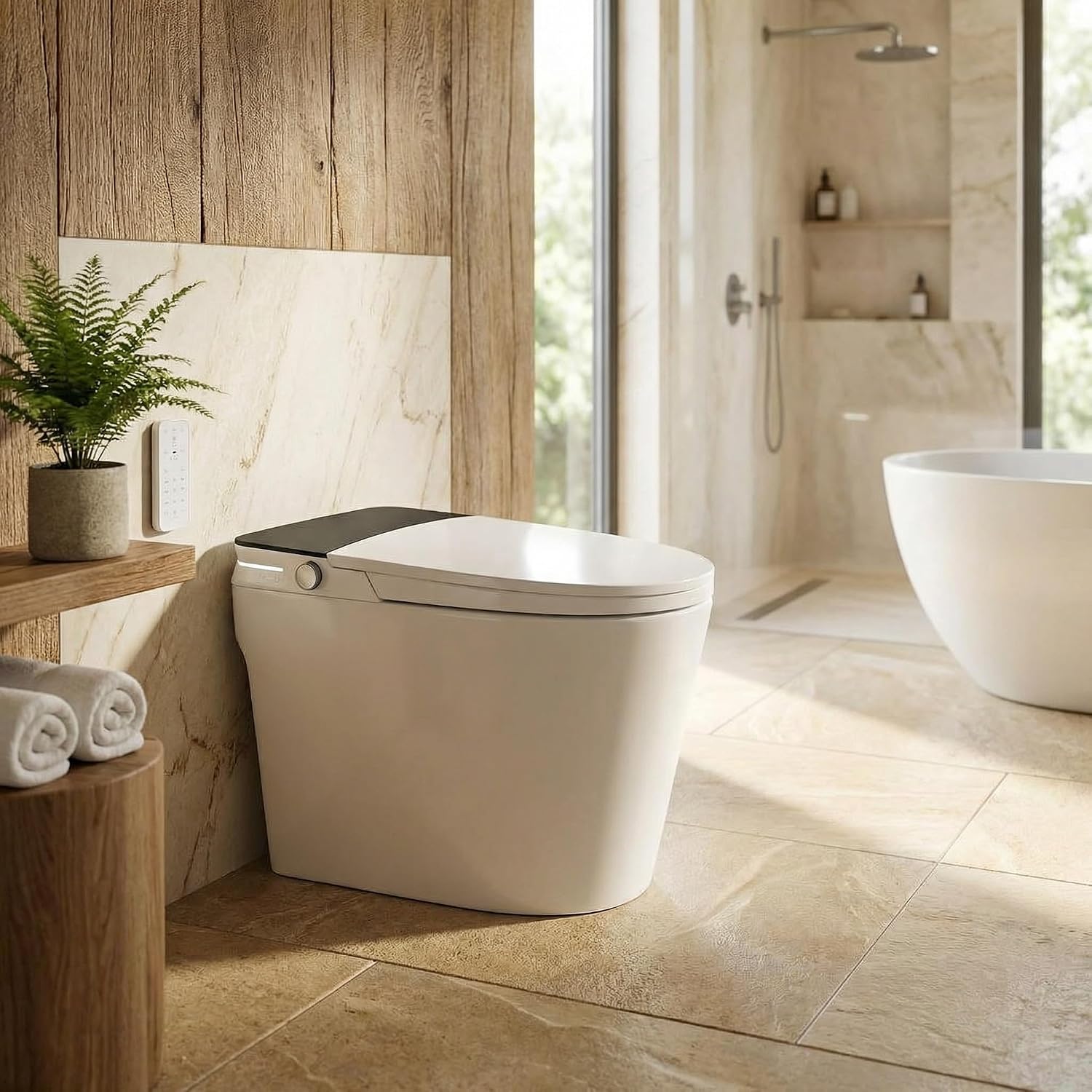GarveeTech Smart Toilet with Bidet Built in, Heated Seat & Dual Auto Flush, Foot Sensor, Modern Extended Electric Toilet with Water Tank, Warm Water Wash, Air Drying, LED Night Light, Remote