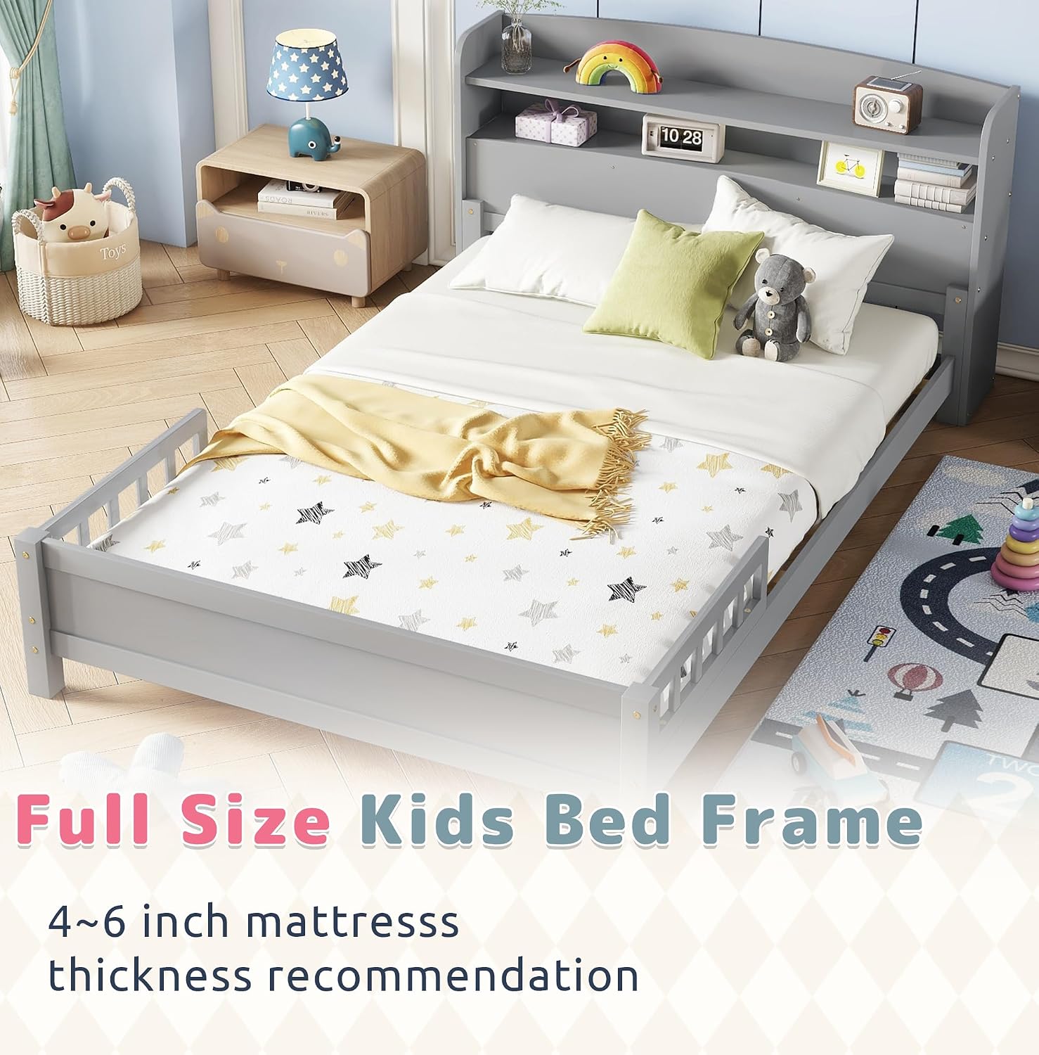 Full Size Kids Bed Frame with Storage Headboard & Motion Sensor LED Light, Wood Low Platform Bed with Detachable Guardrails, Full Bed Frame for Kids Boys Girls, No Box Spring Needed, Grey
