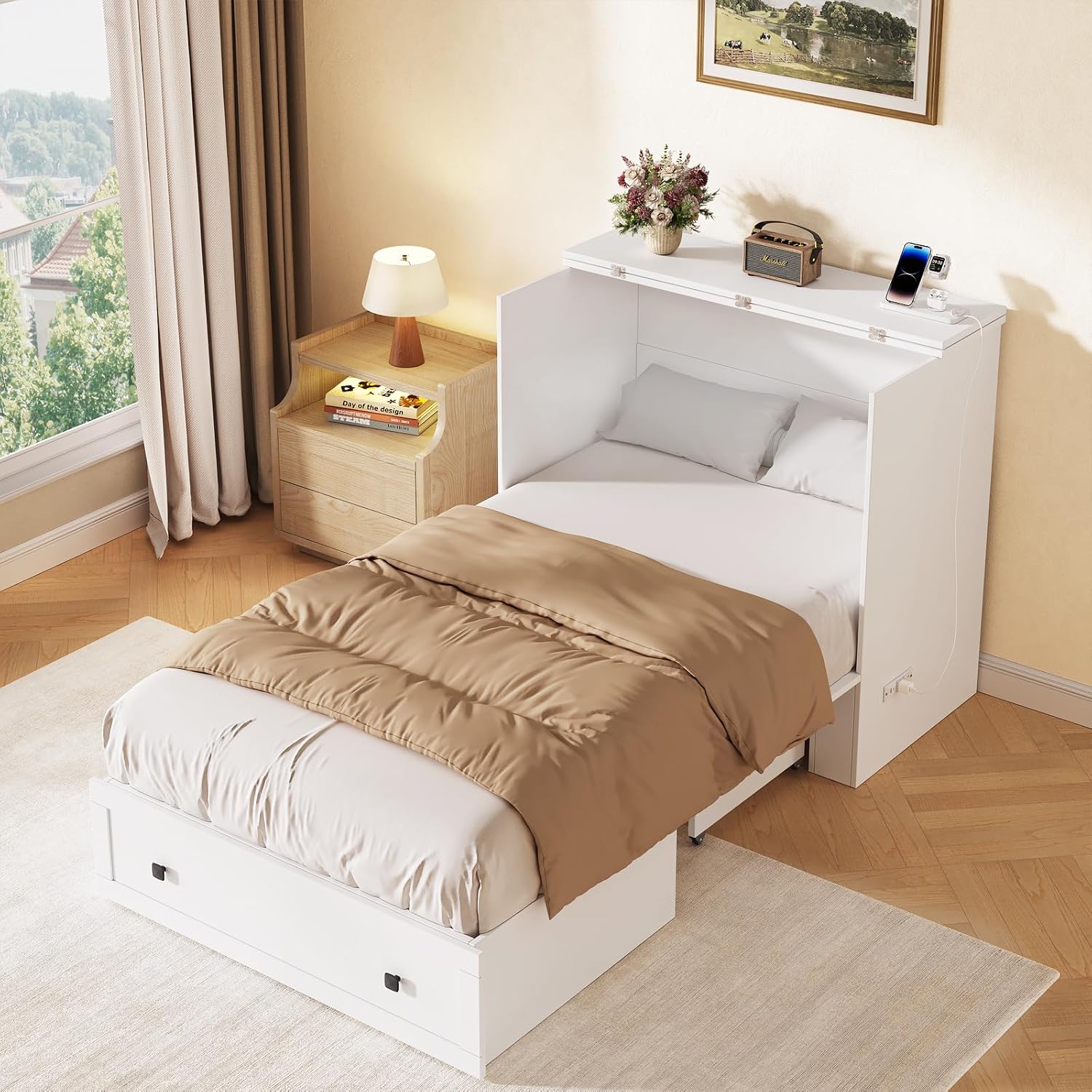 LIVAUVEAD Murphy Bed with Built-in Charging Station, Space-Saving Murphy Bed Chest Twin with Drawer, Foldable, for Home Office Guest Room Bedroom White