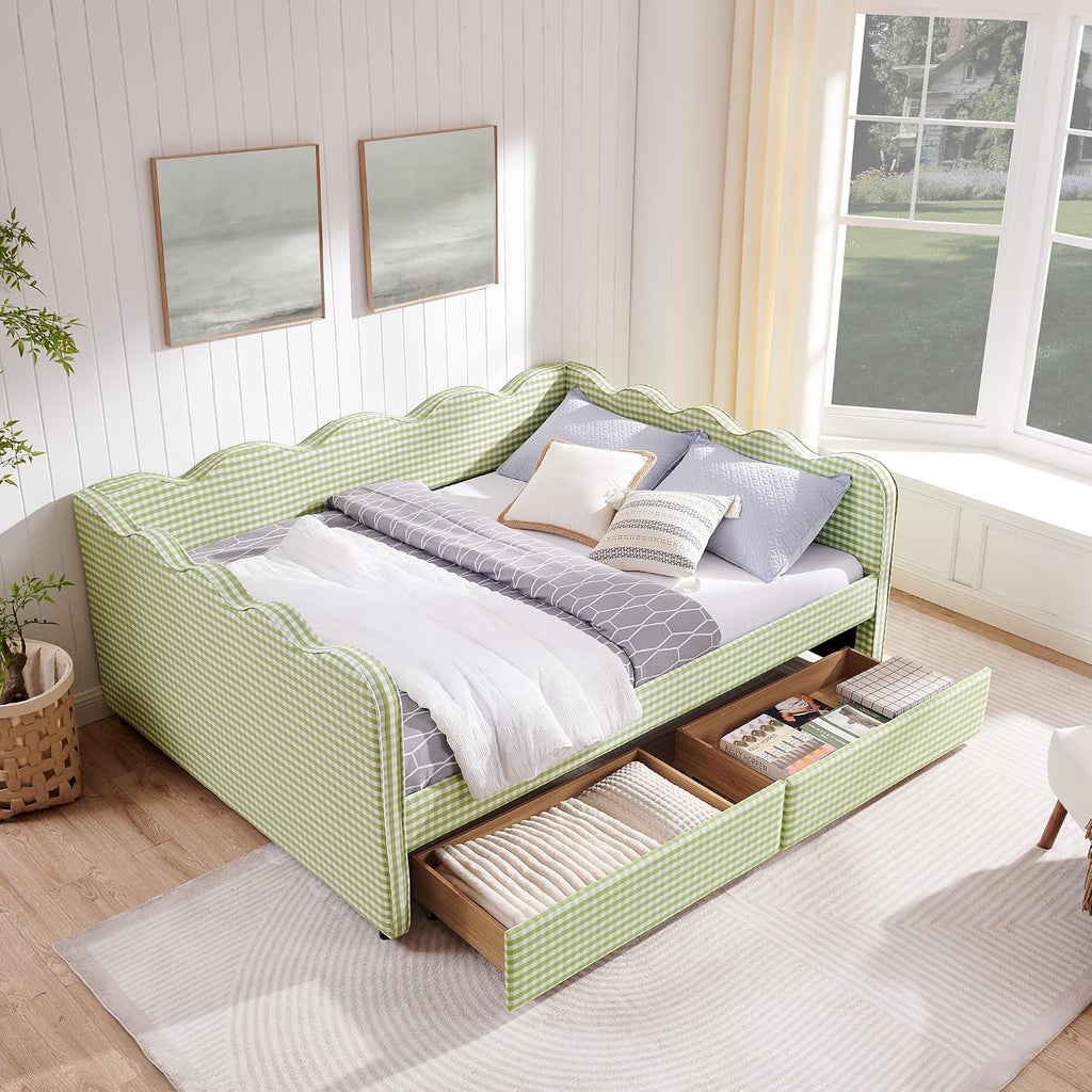 DEINPPA Queen Size Upholstered Daybed with 2 Storage Drawers, Gingham Daybed with USB Ports for Bedroom Living Room Guest Room-Green