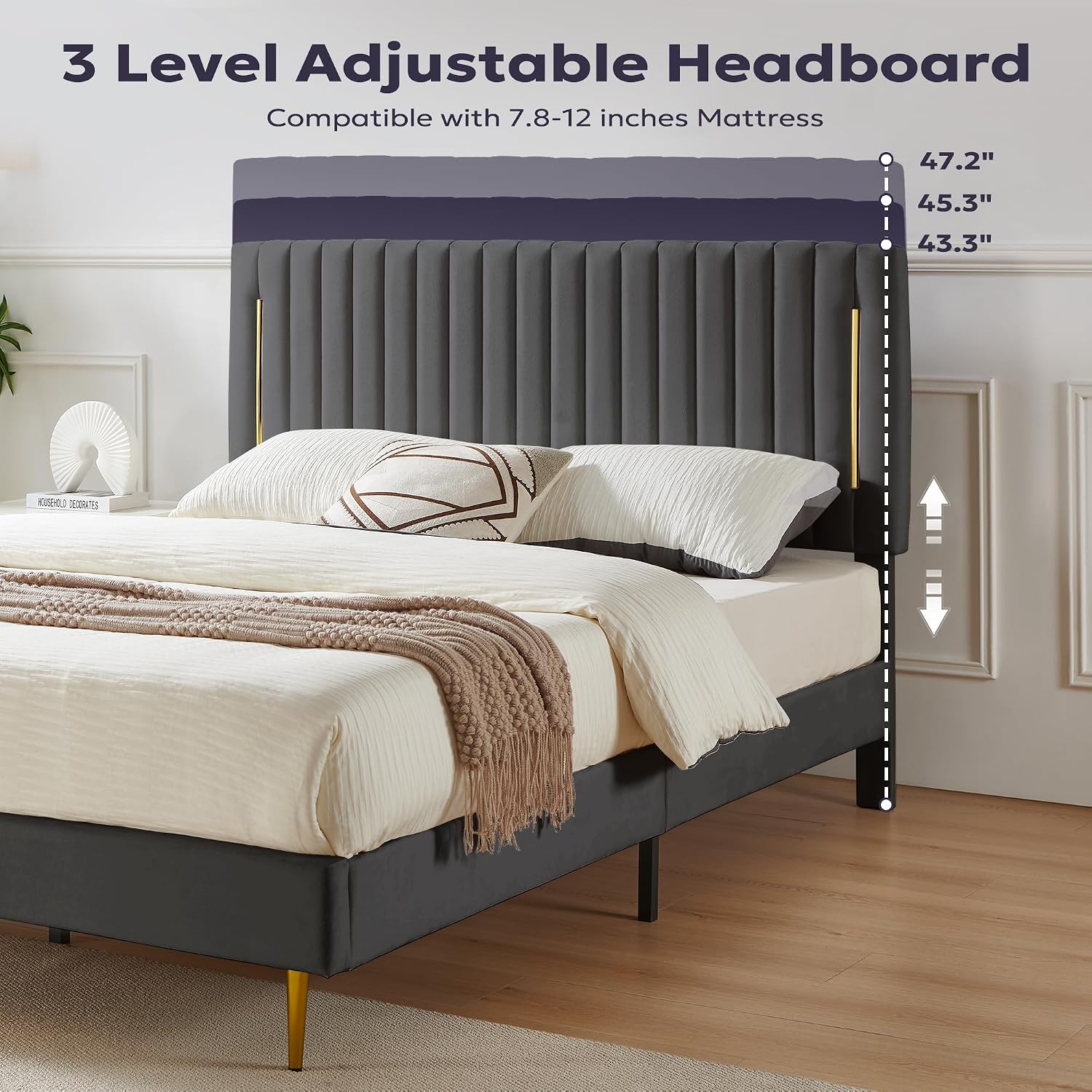 Furnify King Platform Bed Frame, Velvet Upholstered Bedframe with Vertical Channel Adjustable Headboard, Golden Plating Trim, Mattress Foundation with Wooden Slats, No Box Spring Needed, Grey