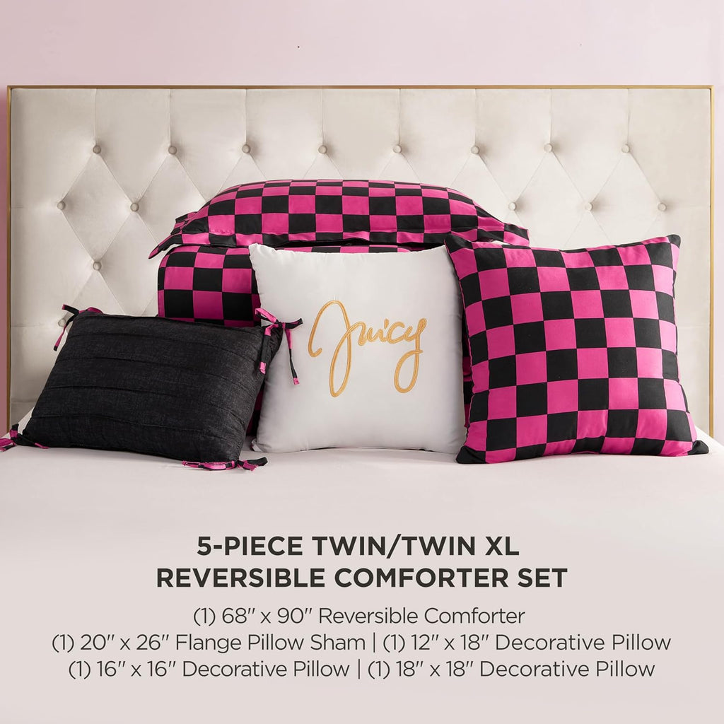 Juicy Couture Reversible Checkerboard Comforter Set 5-Piece Twin/Twin XL Set, Black/Hot Pink