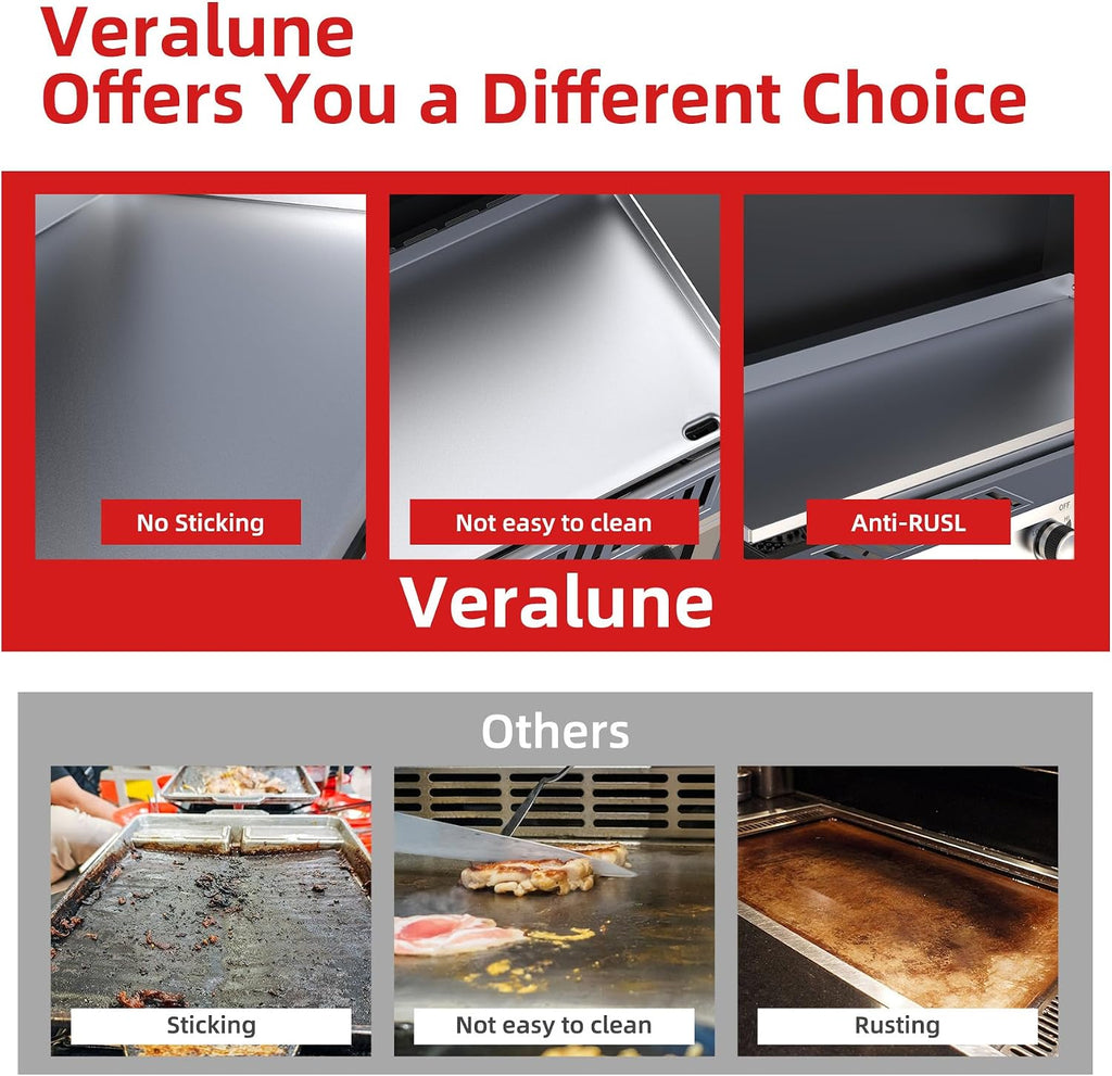 Veralune Outdoor Flat Top Gas Grill with Lid, Outdoor Griddle with Enameled Tray, Propane Gas Griddle, for Breakfast, BBQ & Grilling Steel Cooking Surface, Folding Side Shelves, Push-Button Ignition