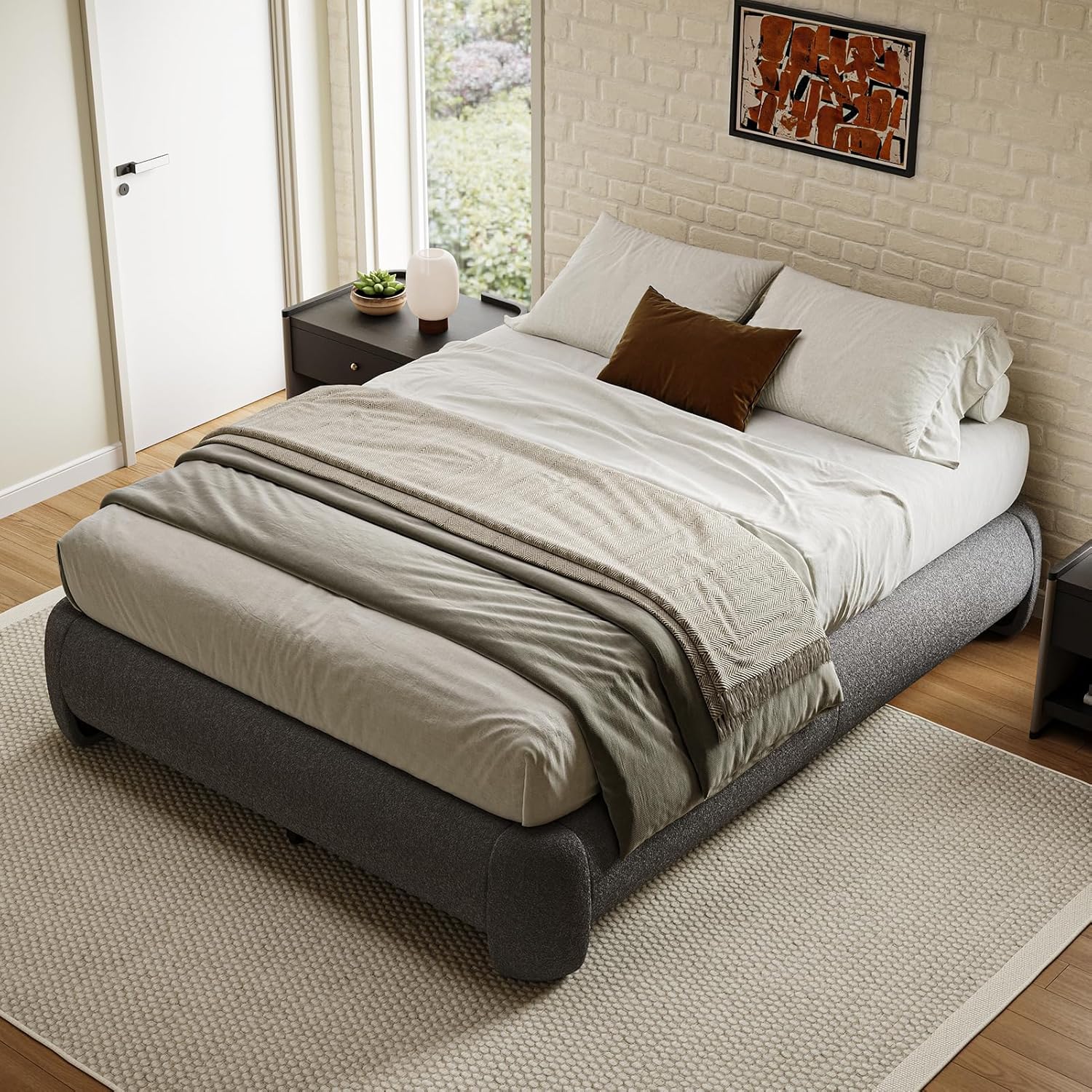 Cloud Full Size Platform Bed Frame, Soft Boucle Bed Frame with Round Corner, Upholstered Bedframe Full with Heavy Duty Wood Slat, No Box Spring Needed, Easy Assembly, Grey