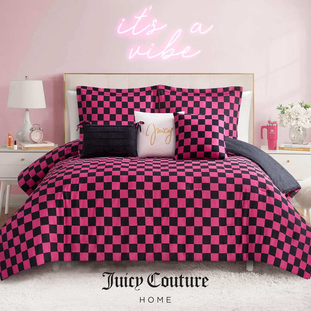 Juicy Couture Reversible Checkerboard Comforter Set 5-Piece Twin/Twin XL Set, Black/Hot Pink