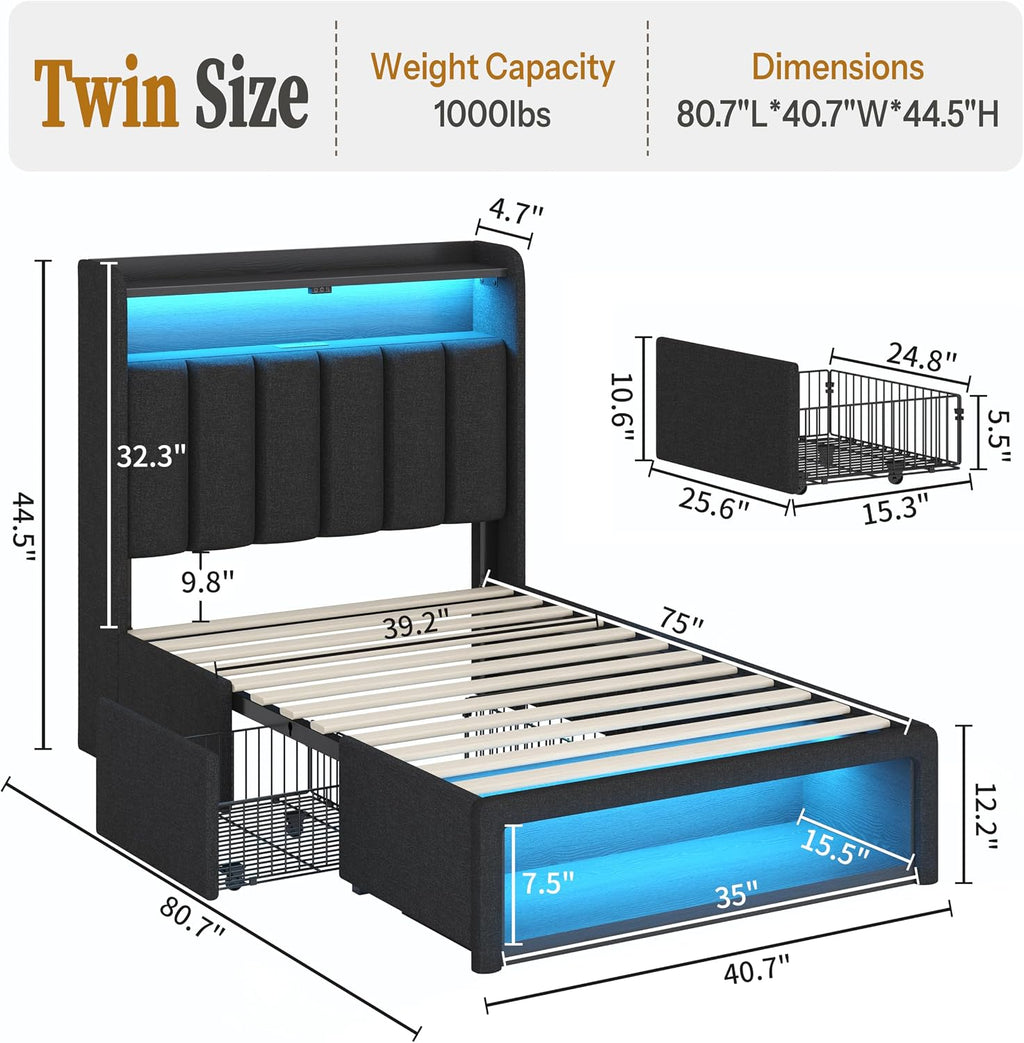 ChicZhiNest Twin Bed Frame with 2 Storage Drawers, LED Headboard with Charging Station, Upholstered Bed for Kids Boy with Wooden Slats & Footboard Cubbies, No Box Spring Needed, Black