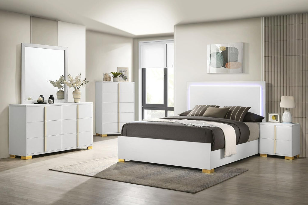 Coaster Home Furnishings Marceline Contemporary 5-Piece Bedroom Set Full Size LED Panel Bed Frame 51-inch Headboard White 222931F-S5