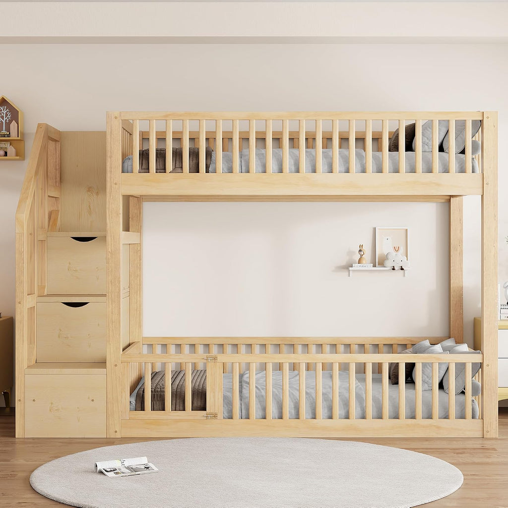 Twin Over Twin Floor Bunk Bed with Storage Ladder and Guardrails,for Kids Teens Adults (Natural#Ladder, Twin Over Twin)