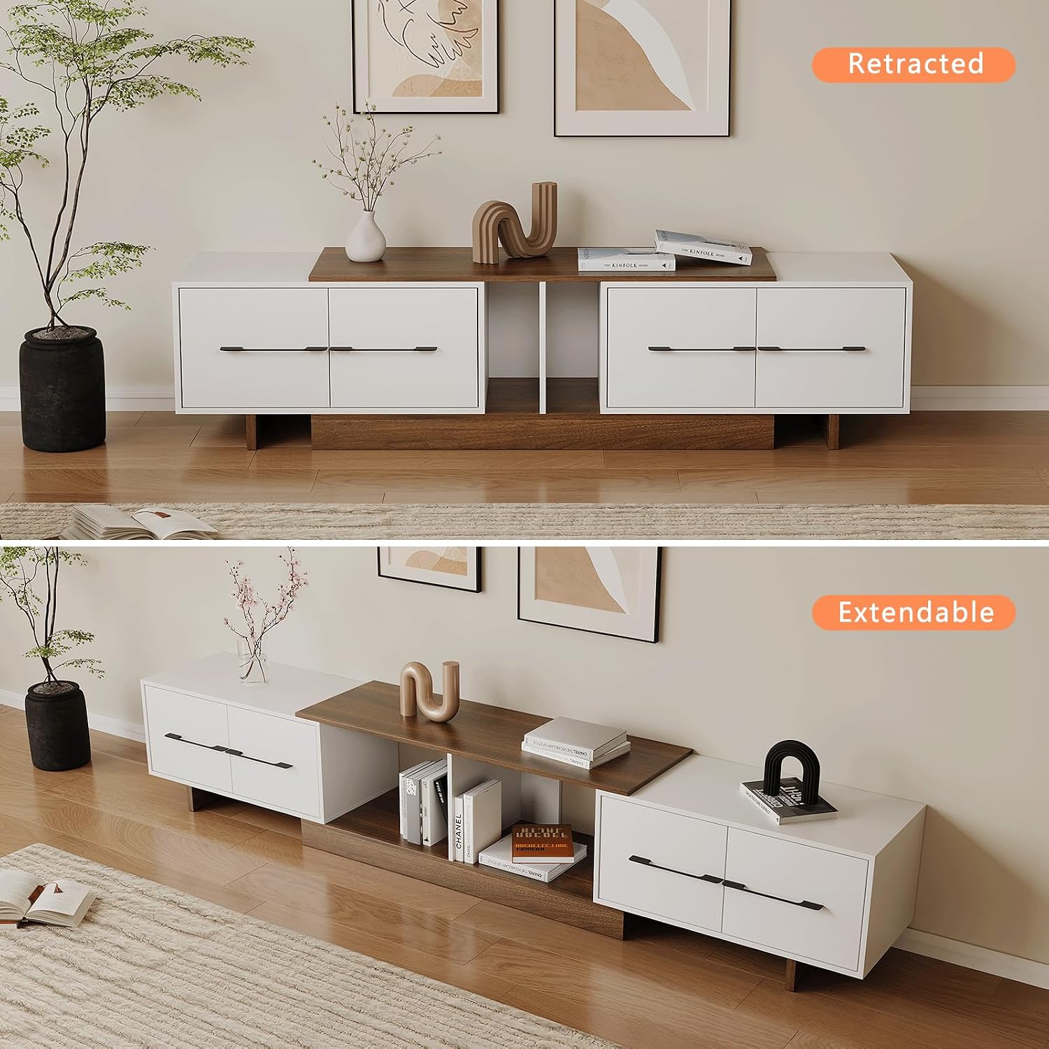 Extendable TV Stand, Modern TV Console with 4 Large Drawers and Adjustable Shelves, Entertainment Center Fits Up to 120' TV, Media Console for Living Room, Walnut & White (Extendable 74.8'-102.3')