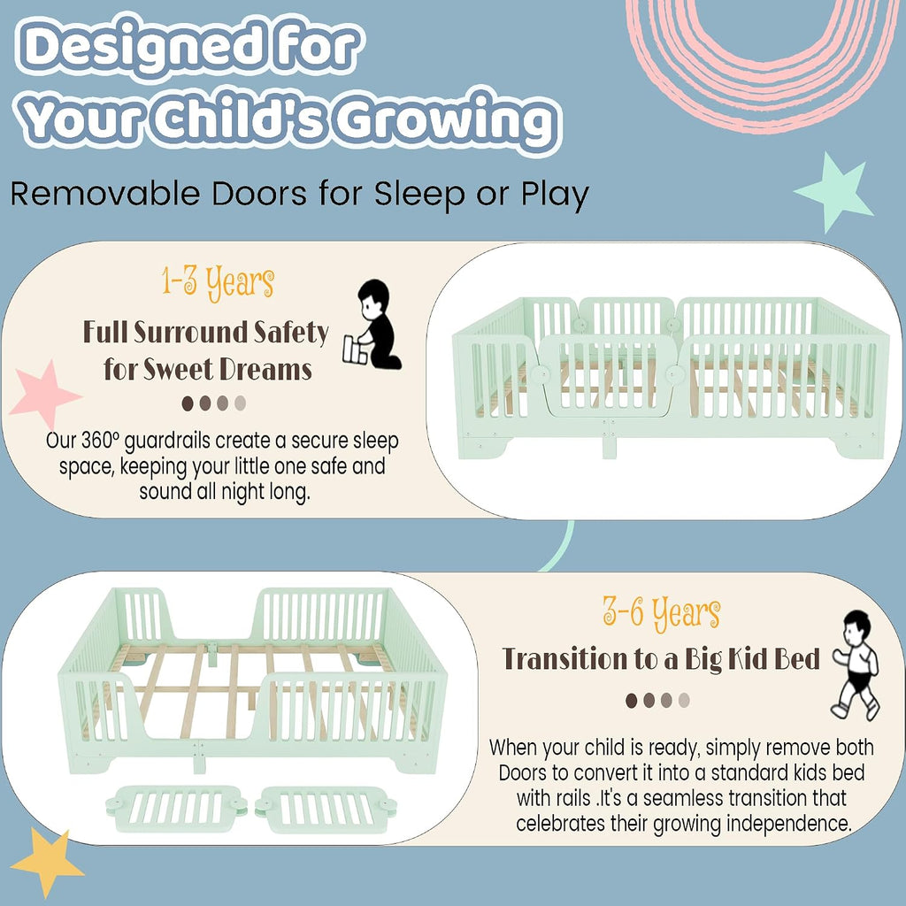 Montessori Full Floor Bed with High Rails and Removable Doors, Wood Low Profile Kids Full Size Bed Frame for Girls Boys, Safe Montessori Crib Floor Bed with Slats ,No Box Spring Needed, Green