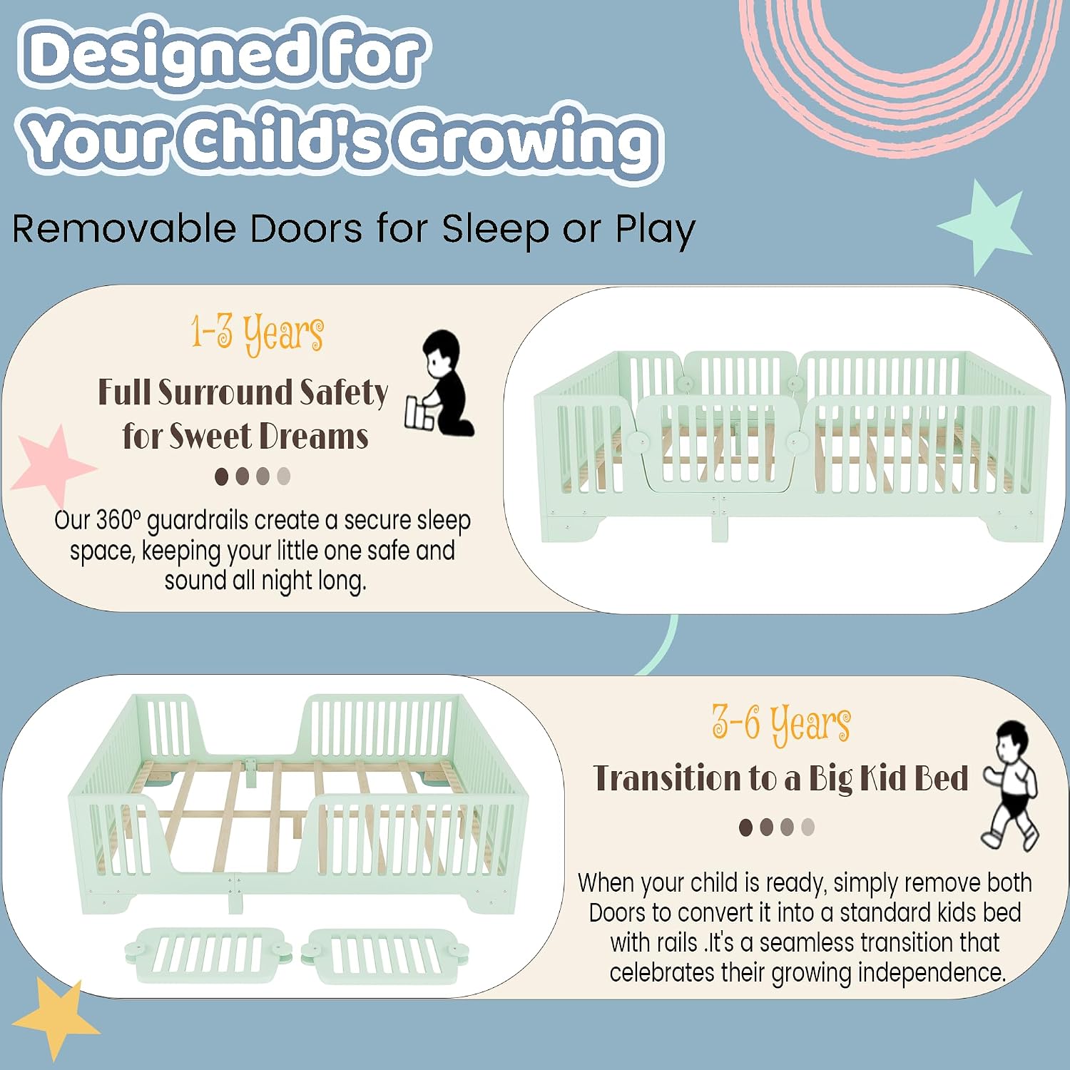 Montessori Full Floor Bed with High Rails and Removable Doors, Wood Low Profile Kids Full Size Bed Frame for Girls Boys, Safe Montessori Crib Floor Bed with Slats ,No Box Spring Needed, Green