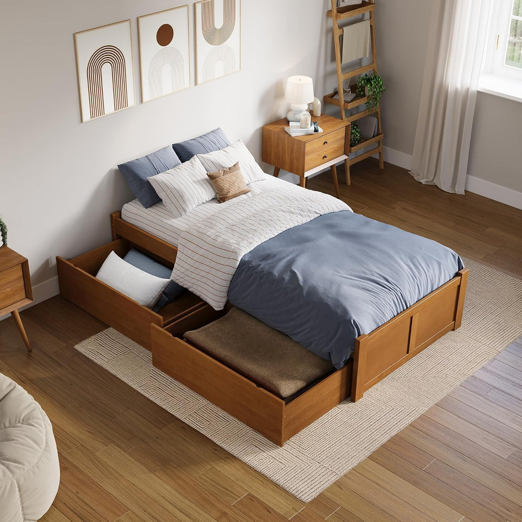 AFI Concord Twin XL Solid Wood Platform Bed with Footboard & Storage Drawers in Light Toffee