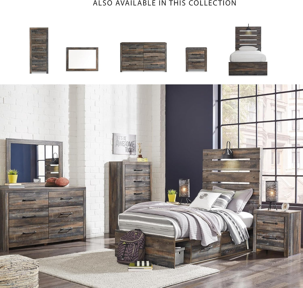 Signature Design by Ashley Drystan Rustic Twin Panel Platform Bed with 2 Storage Drawers, Open Cubbies, Sconce LED Light and USB Ports, Foundation or Box Spring Not Needed, Dark Brown & Gray