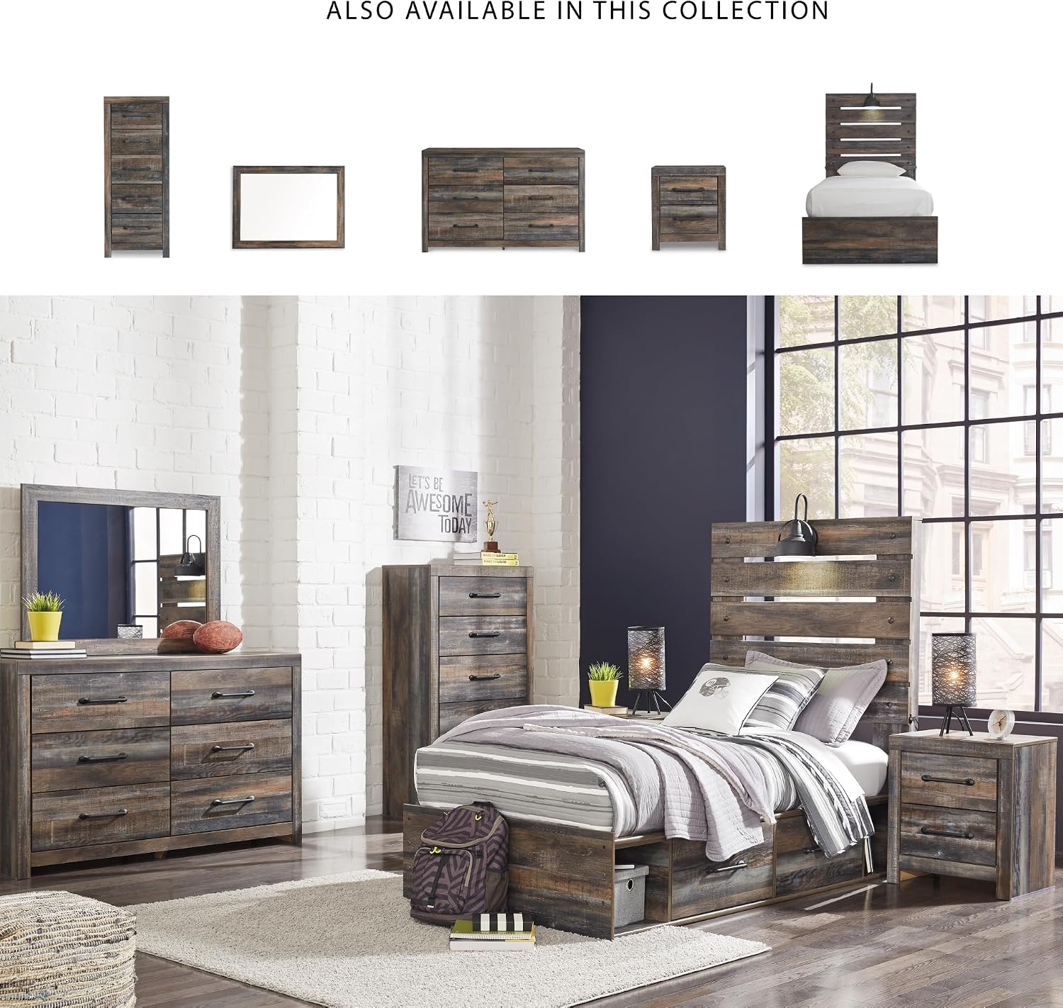 Signature Design by Ashley Drystan Rustic Twin Panel Platform Bed with 2 Storage Drawers, Open Cubbies, Sconce LED Light and USB Ports, Foundation or Box Spring Not Needed, Dark Brown & Gray