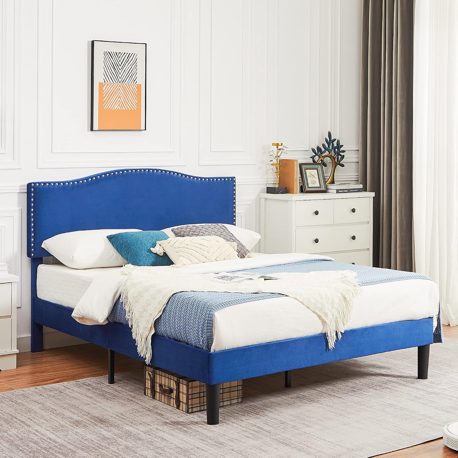 VECELO Queen Bed Frame, Platform Bed Frame with Adjustable Height Upholstered Headboard, Heavy-Duty Frames and Strong Wooden Slats Support, Non-Slip and Noise-Free, Easy Assembly, Dark Blue