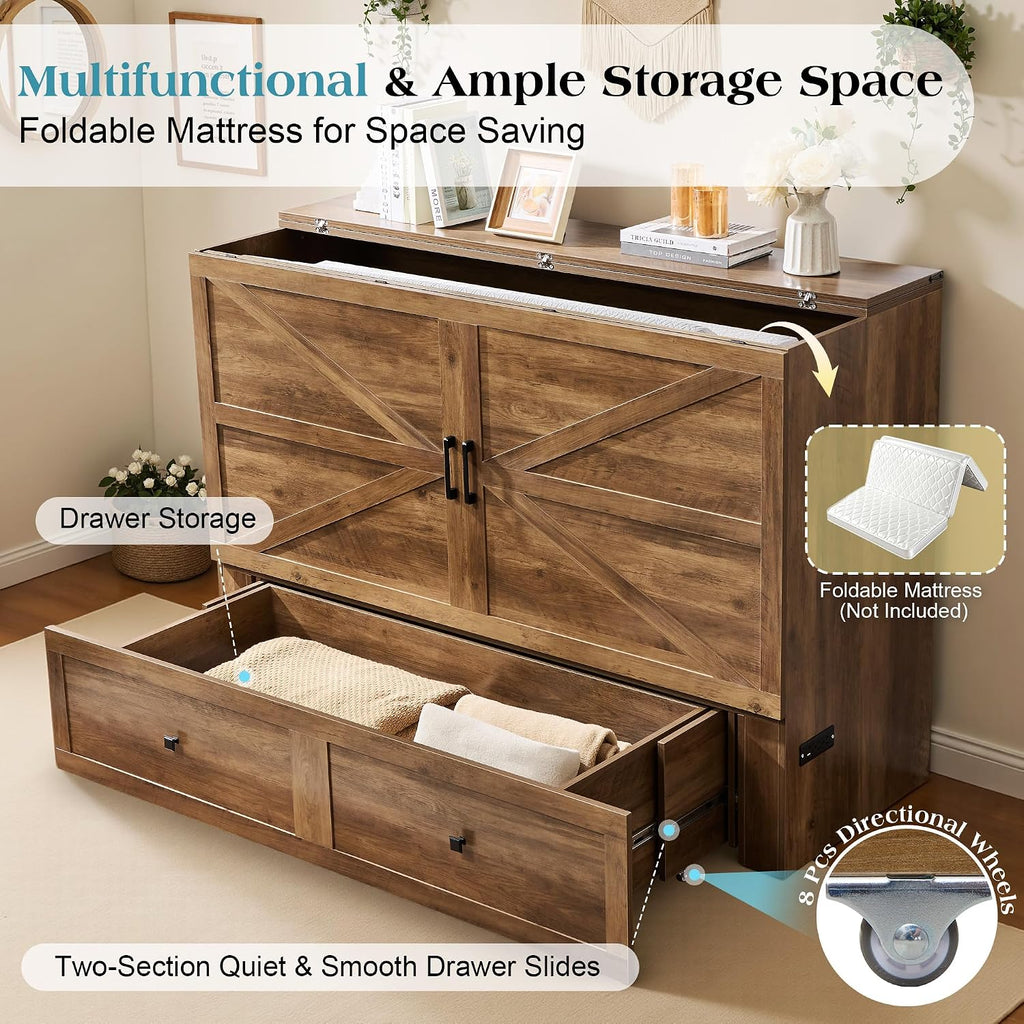 LUXOAK Full Murphy Bed with Storage and Charging Station, Farmhouse Cabinet Bed, Noise-Free, for Guest Room, Apartment, or Office, Barnwood