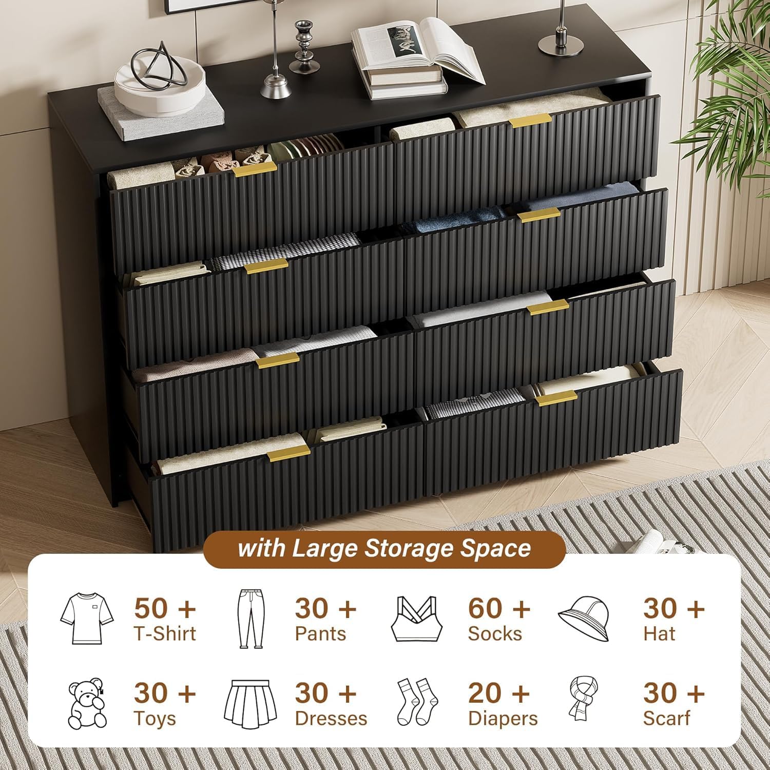 Furniway Black Dresser for Bedroom, 8 Drawer Wide Dresser with Smooth Slides, Modern Chest of Drawers with Gold Handles, Wood Storage Organizer for Closet