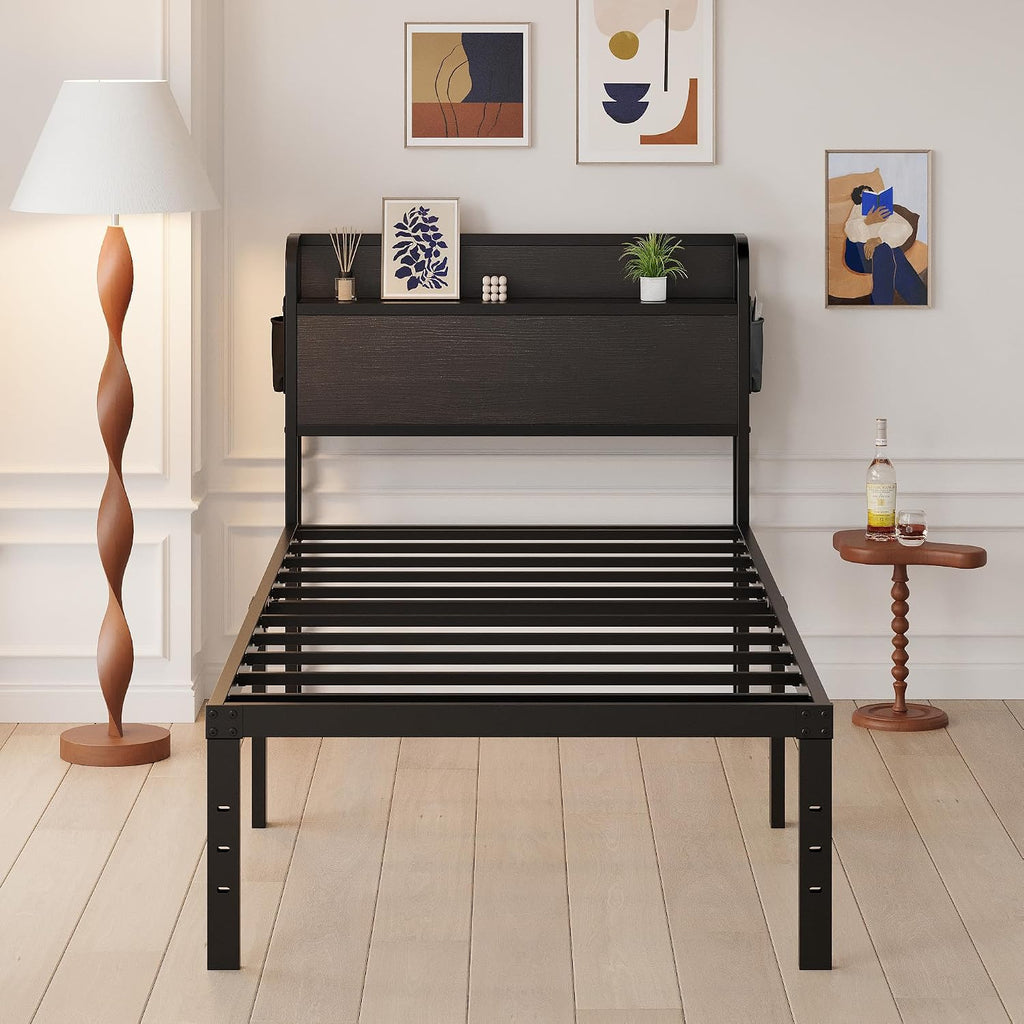 Maenizi 16 Inch Twin Bed Frames with Headboard, Twin Metal Bed Frame Storage Wood Headboard No Box Spring Needed, Noise Free, Black