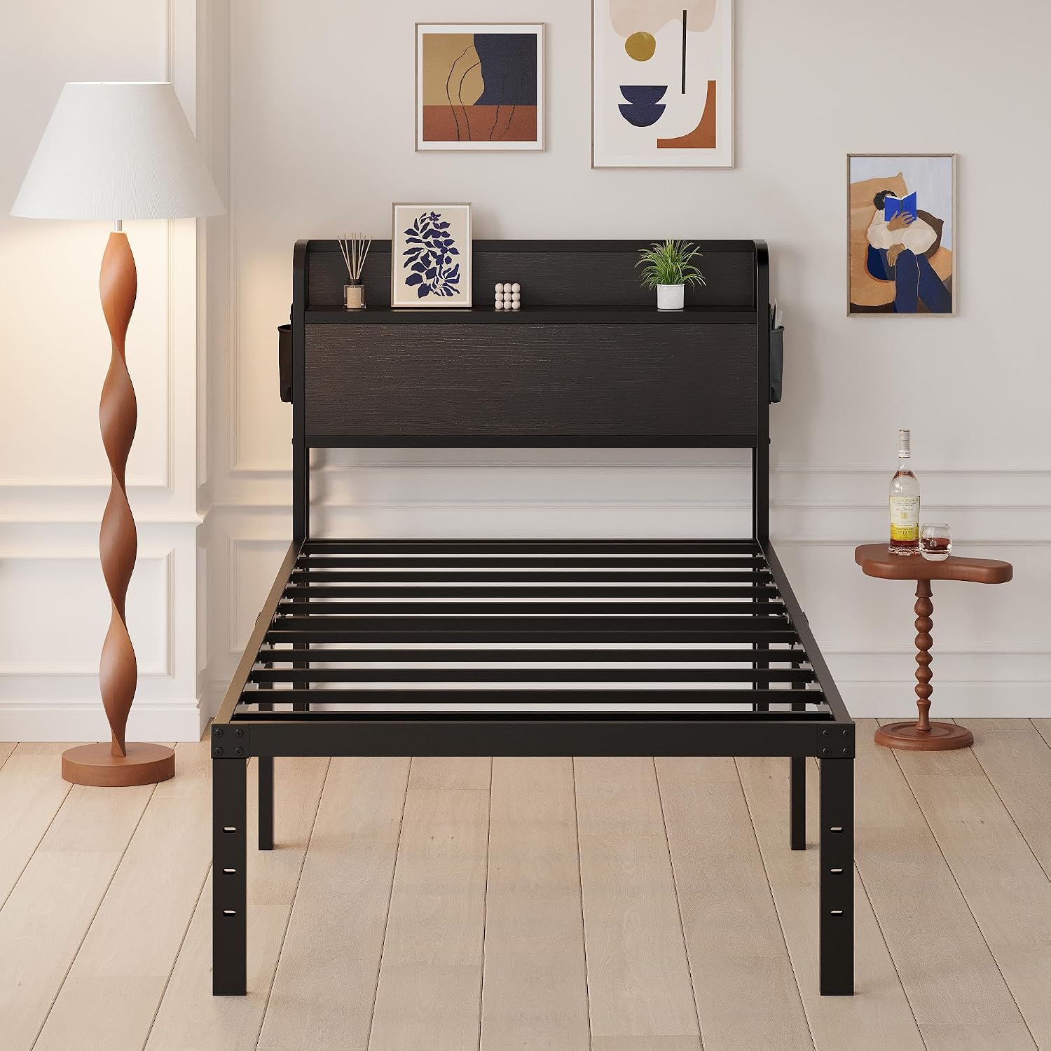 Maenizi 16 Inch Twin Bed Frames with Headboard, Twin Metal Bed Frame Storage Wood Headboard No Box Spring Needed, Noise Free, Black