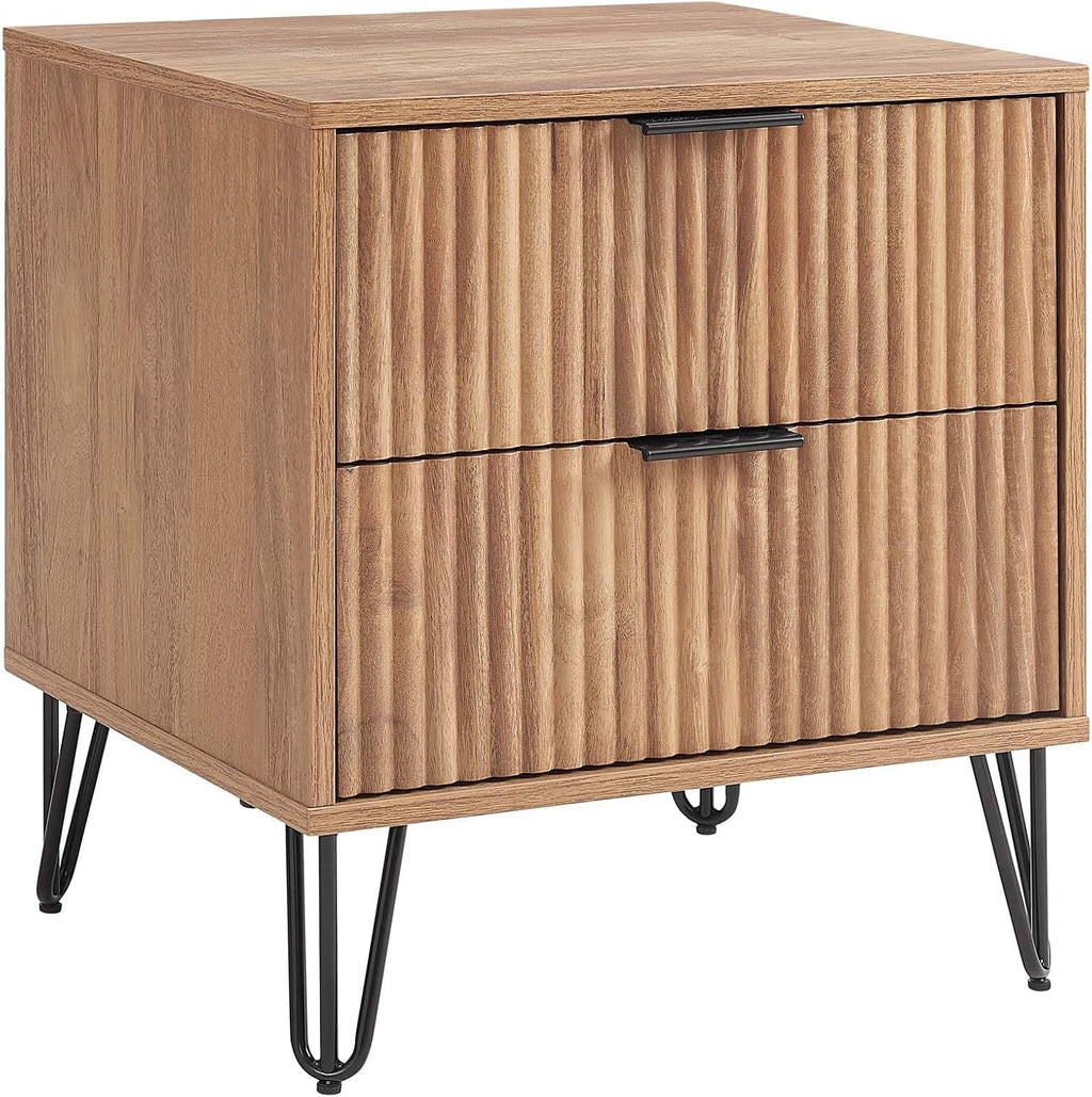 Manhattan Comfort Dumbo Fluted Nightstand with 2 Drawers, Gold Metal Legs and Metal Handles, Snap Tool-Free Assembly, Modern Bedside Accent Table with Storage for Bedroom, Living Room in Golden Brown