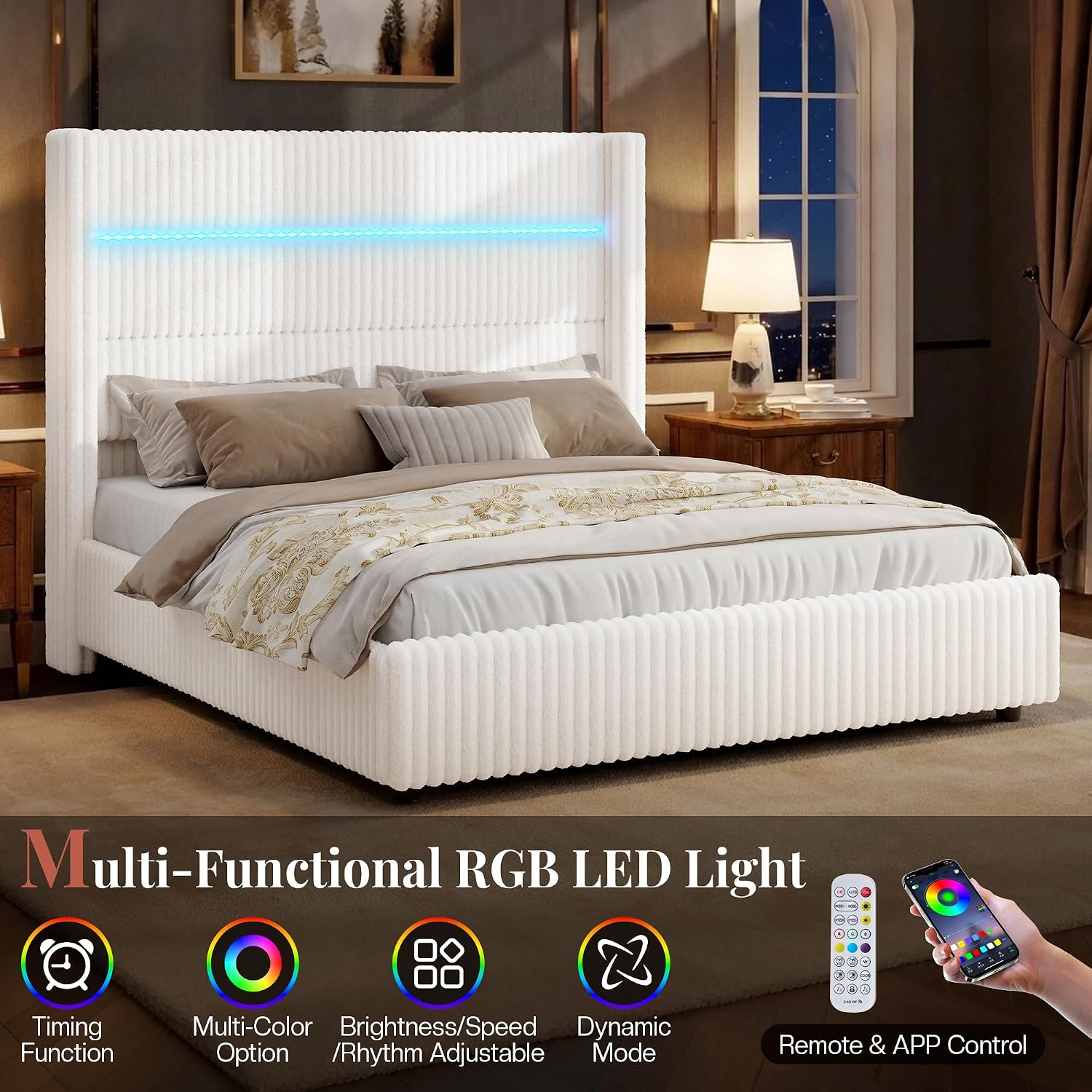 Jocisland Queen Size Corduroy Upholstered Bed Frame with 4 Storage Drawers & 51.2' Tall Wingback Headboard, LED Platform Bed with Charging Station, Easy Assembly, No Box Spring Needed, White