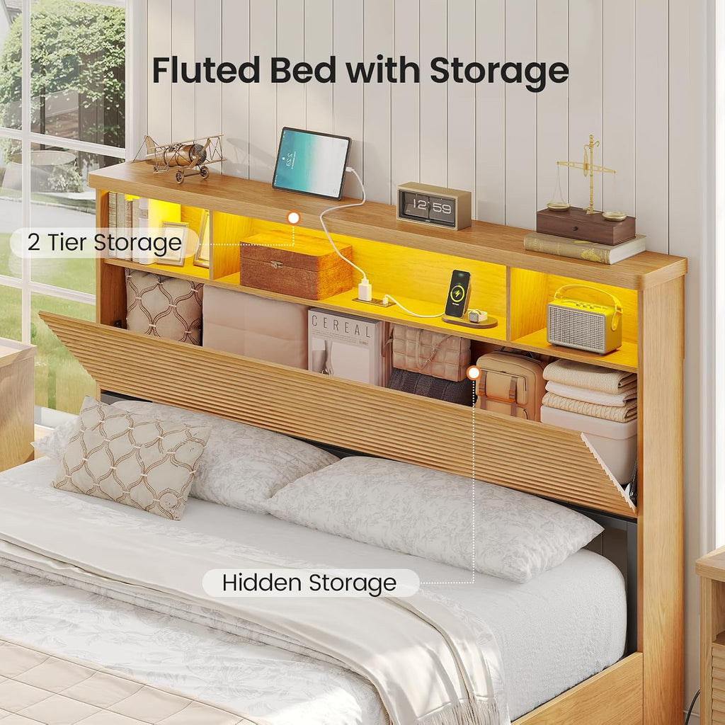 VIAGDO Wood Bed Frame Queen Size with 4 Storage Drawers & Bookcase Headboard, Led Wooden Queen Bed Frame with Charging Station,No Box Spring Needed,Wood